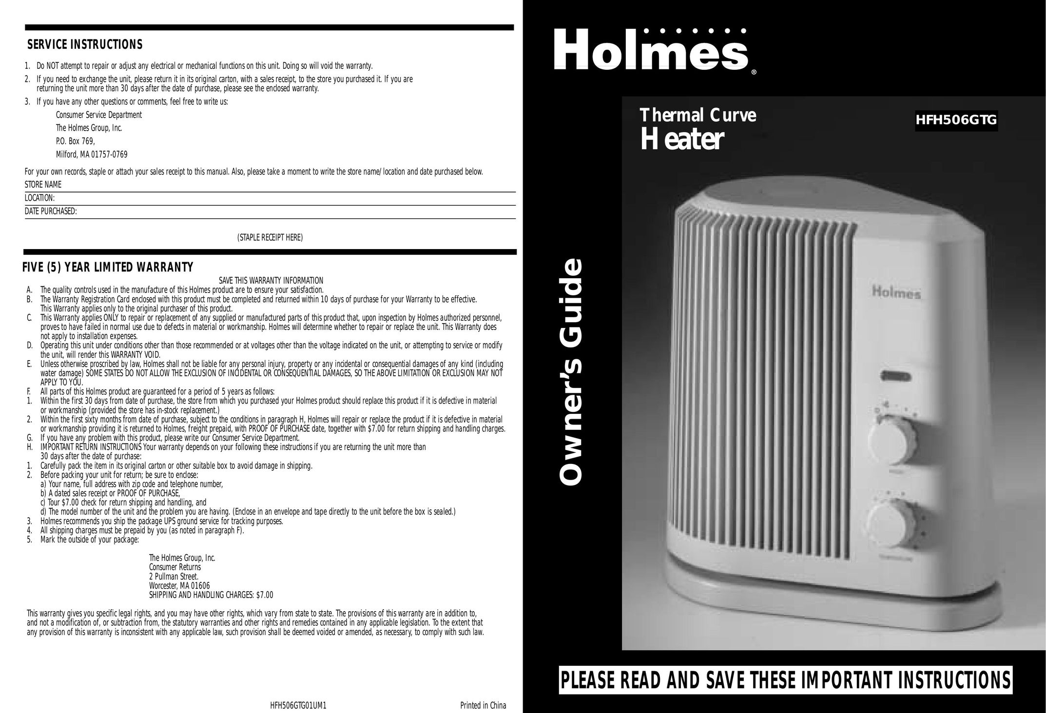 Holmes HFH506GTG Dehumidifier User Manual