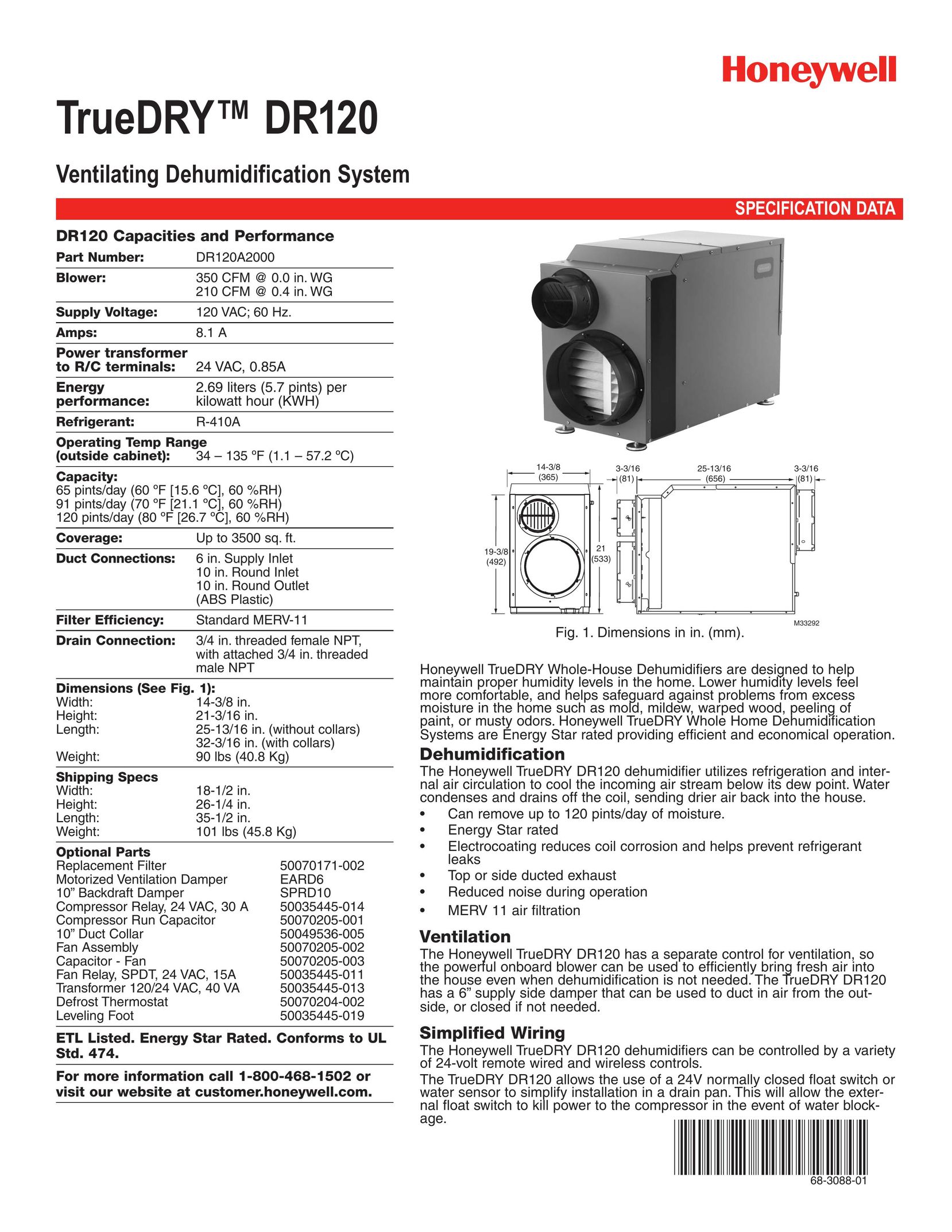 Honeywell DR120 Dehumidifier User Manual