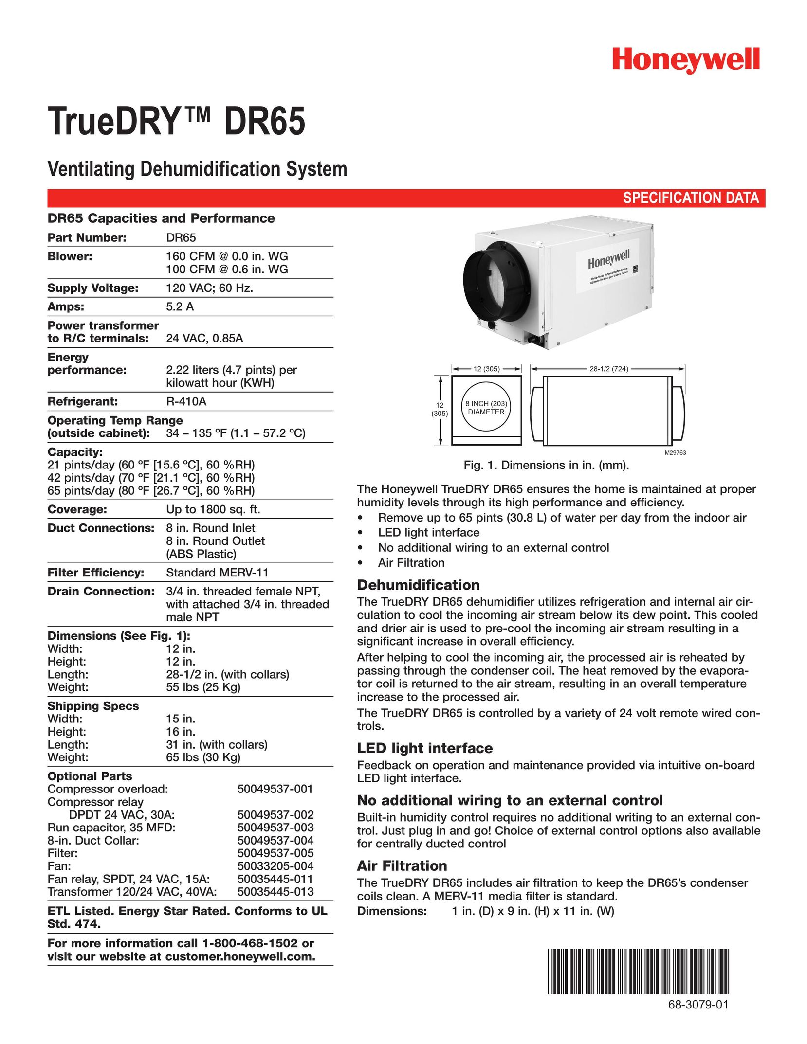 Honeywell DR65 Dehumidifier User Manual