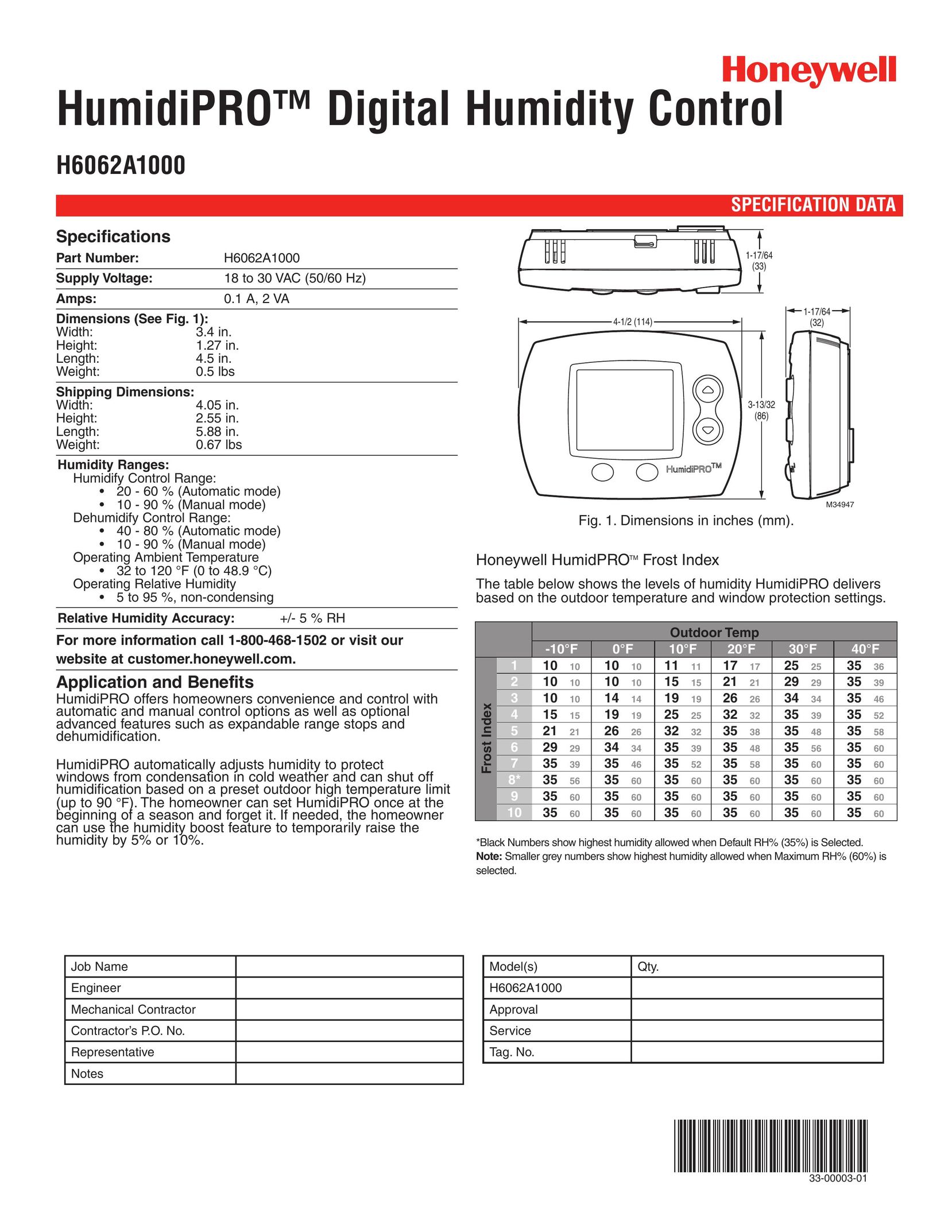 Honeywell H6062A1000 Dehumidifier User Manual