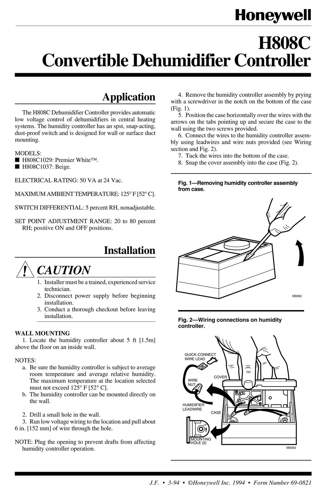 Honeywell H808C Dehumidifier User Manual
