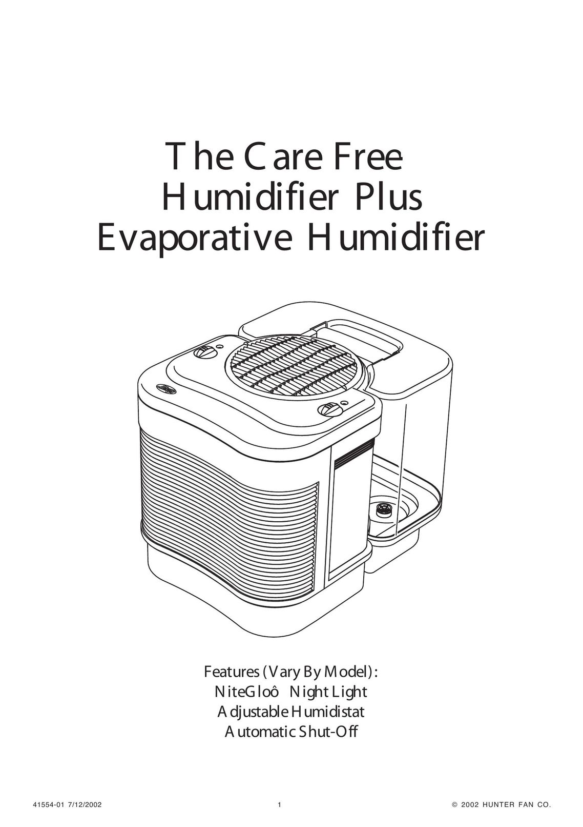 Hunter Fan 41554-01 Dehumidifier User Manual