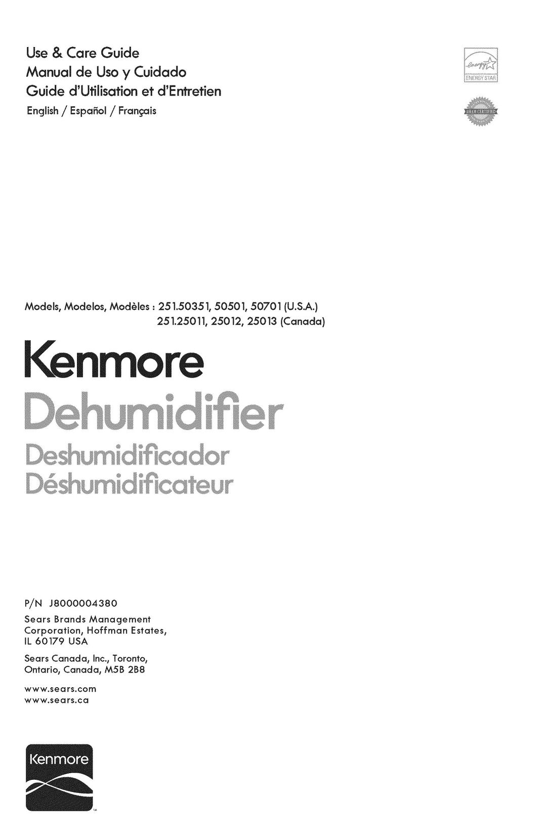 Kenmore 251.25011 Dehumidifier User Manual