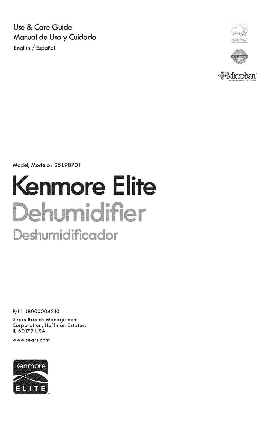 Kenmore 251.90701 Dehumidifier User Manual