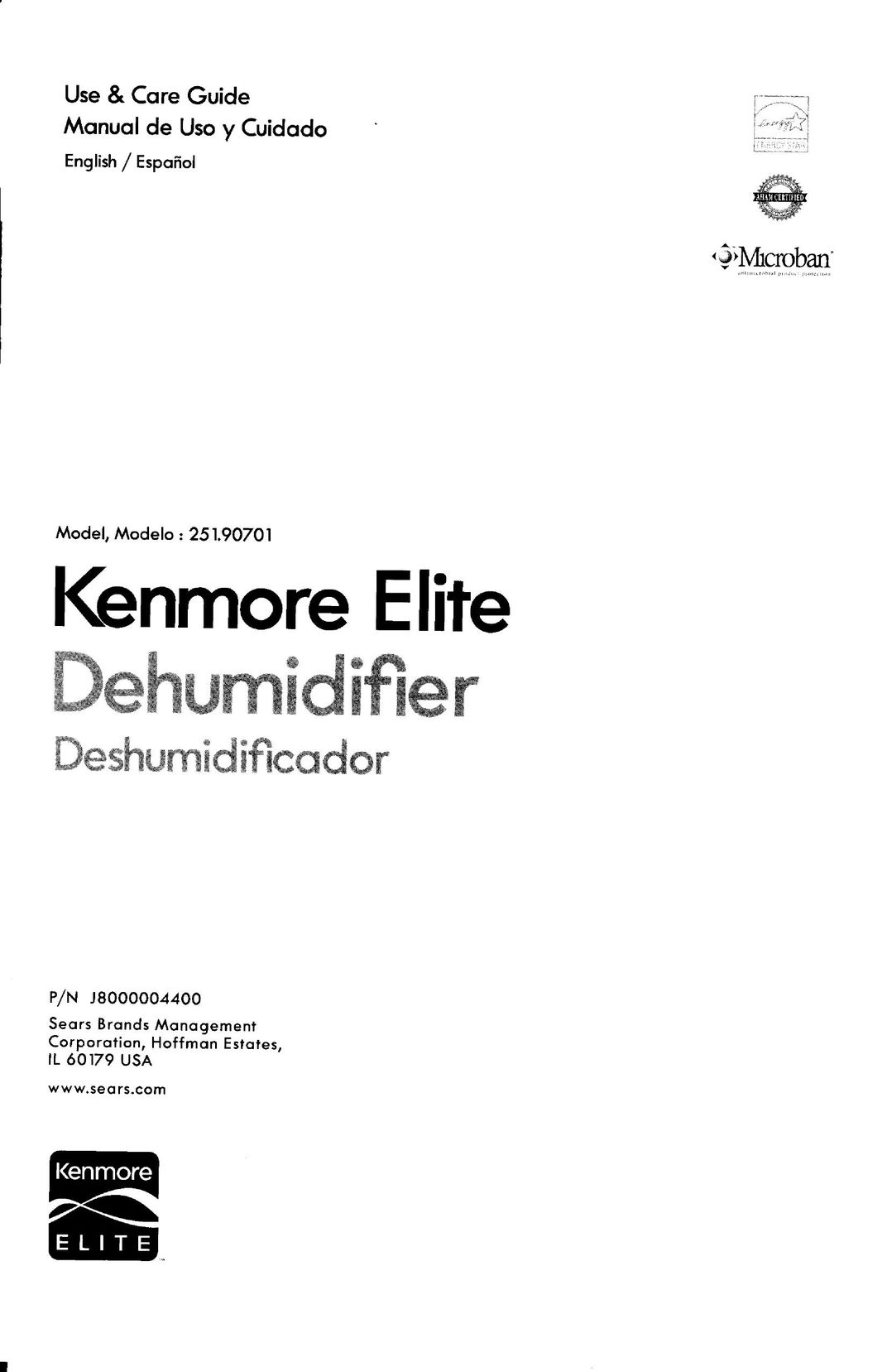Kenmore 251.907Q1 Dehumidifier User Manual