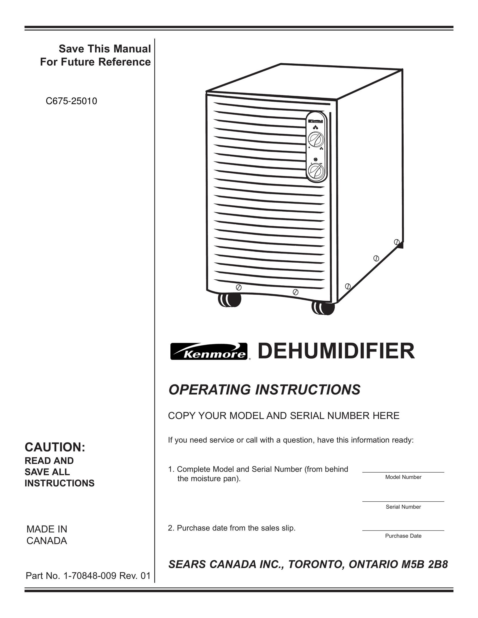 Kenmore C675-25010 Dehumidifier User Manual