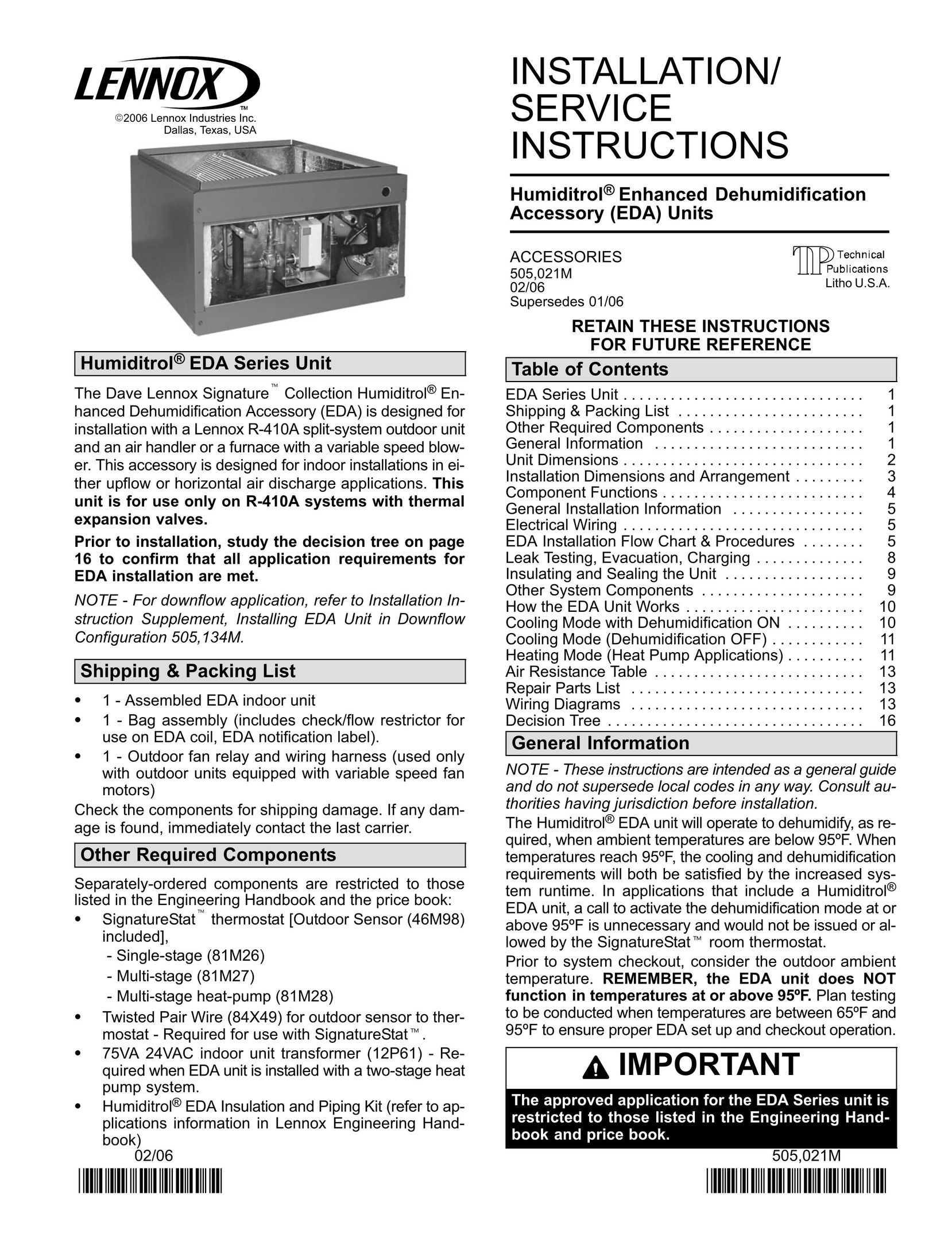 Lennox International Inc. 021 Dehumidifier User Manual