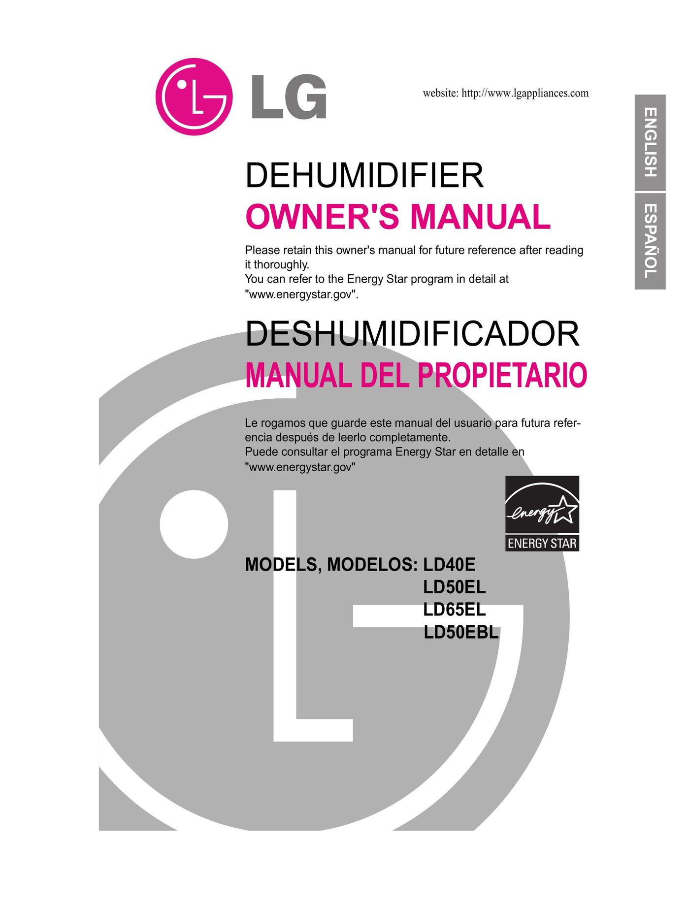 LG Electronics LD40E Dehumidifier User Manual