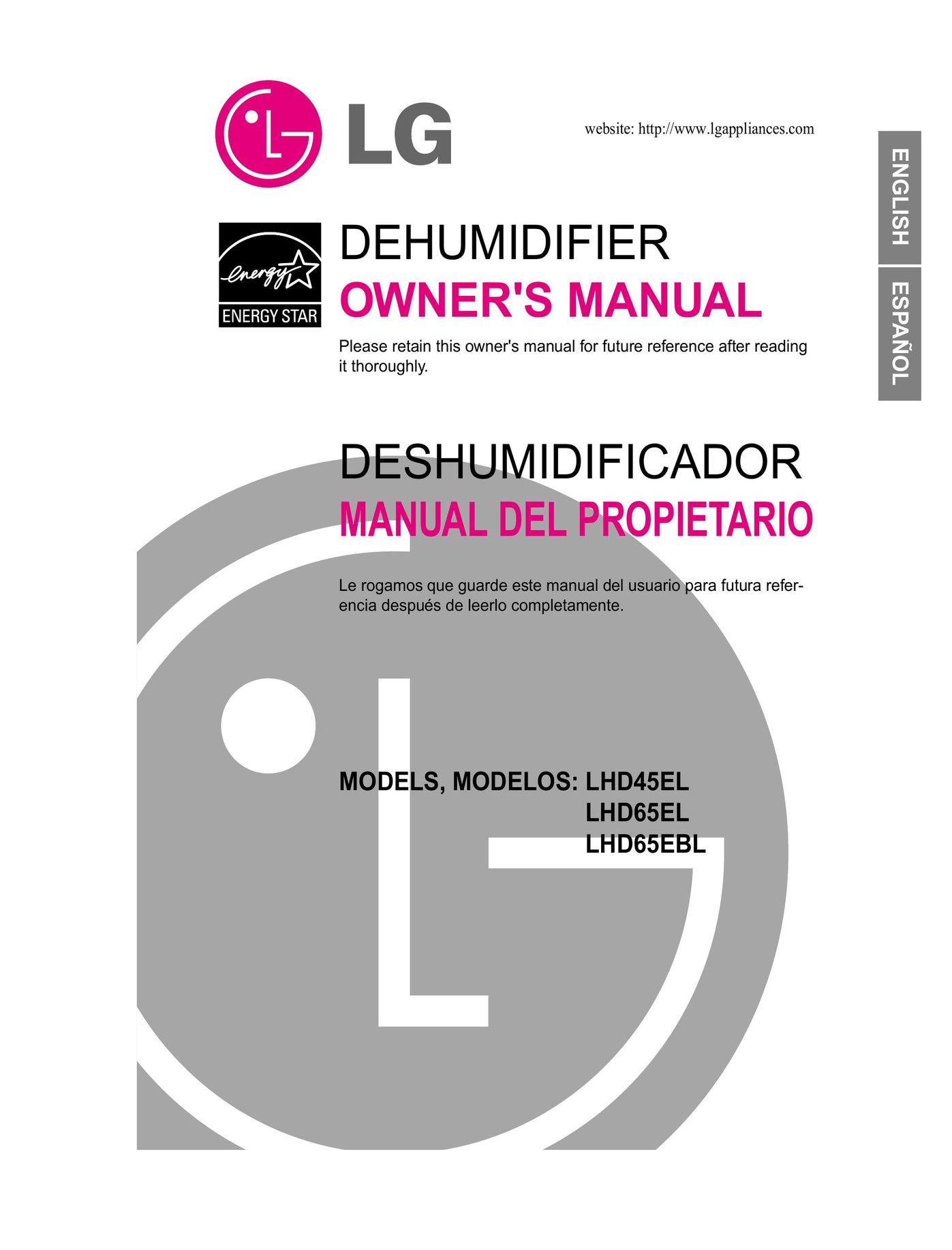 LG Electronics LHD45EL, LHD65EL, LHD65EBL Dehumidifier User Manual