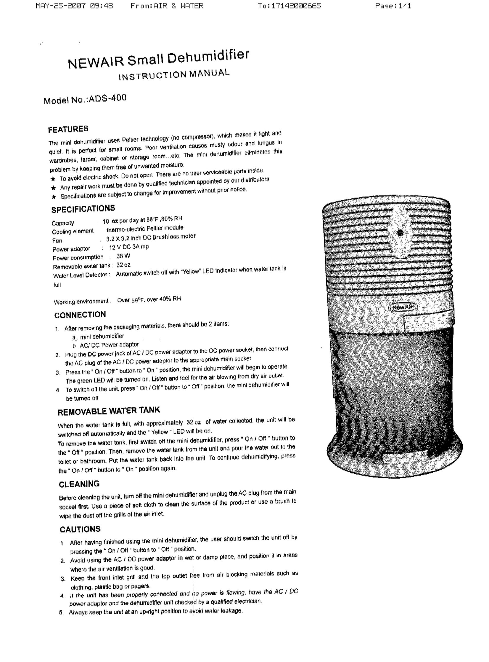 NewAir ADS-400 Dehumidifier User Manual