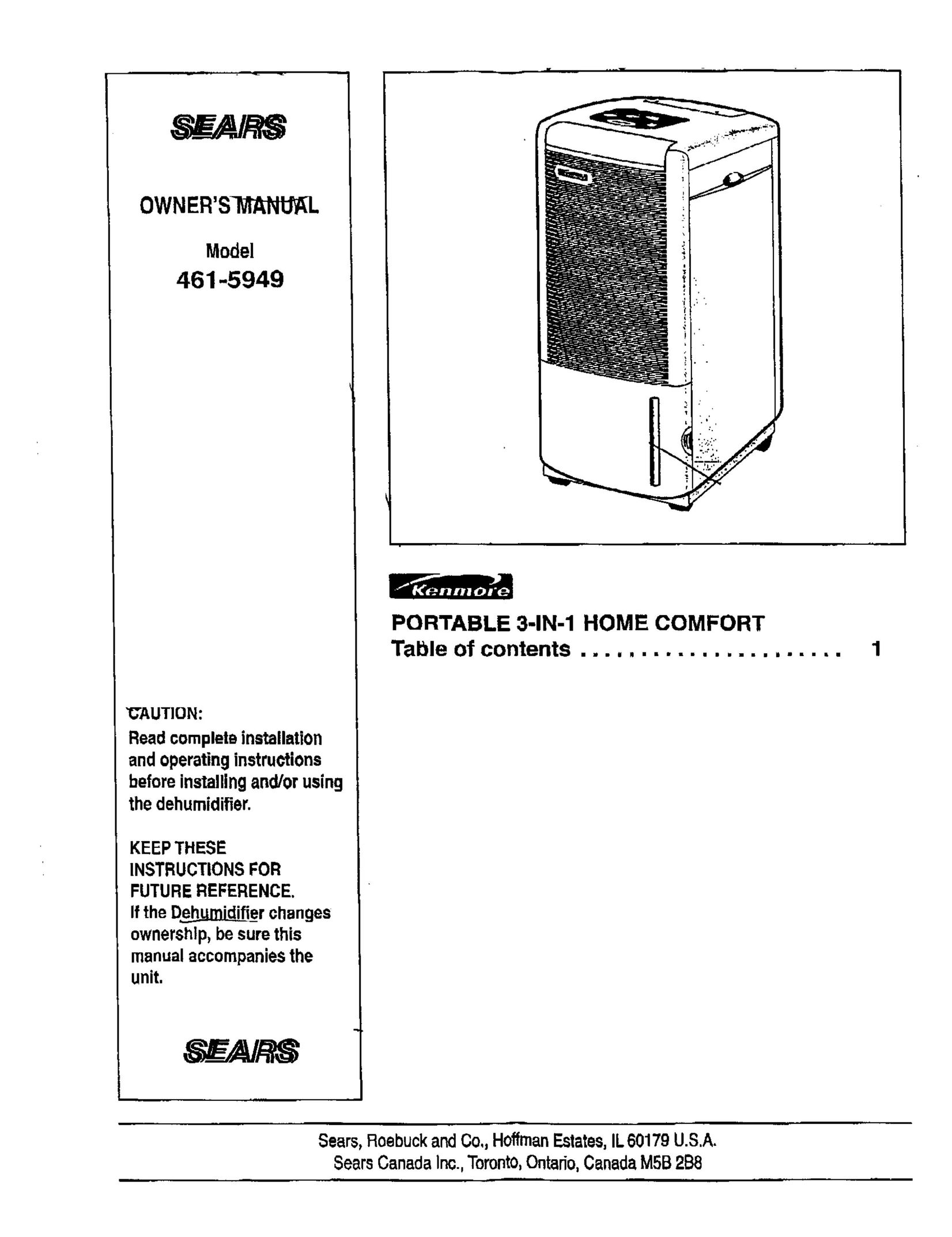 Sears 461-5949 Dehumidifier User Manual