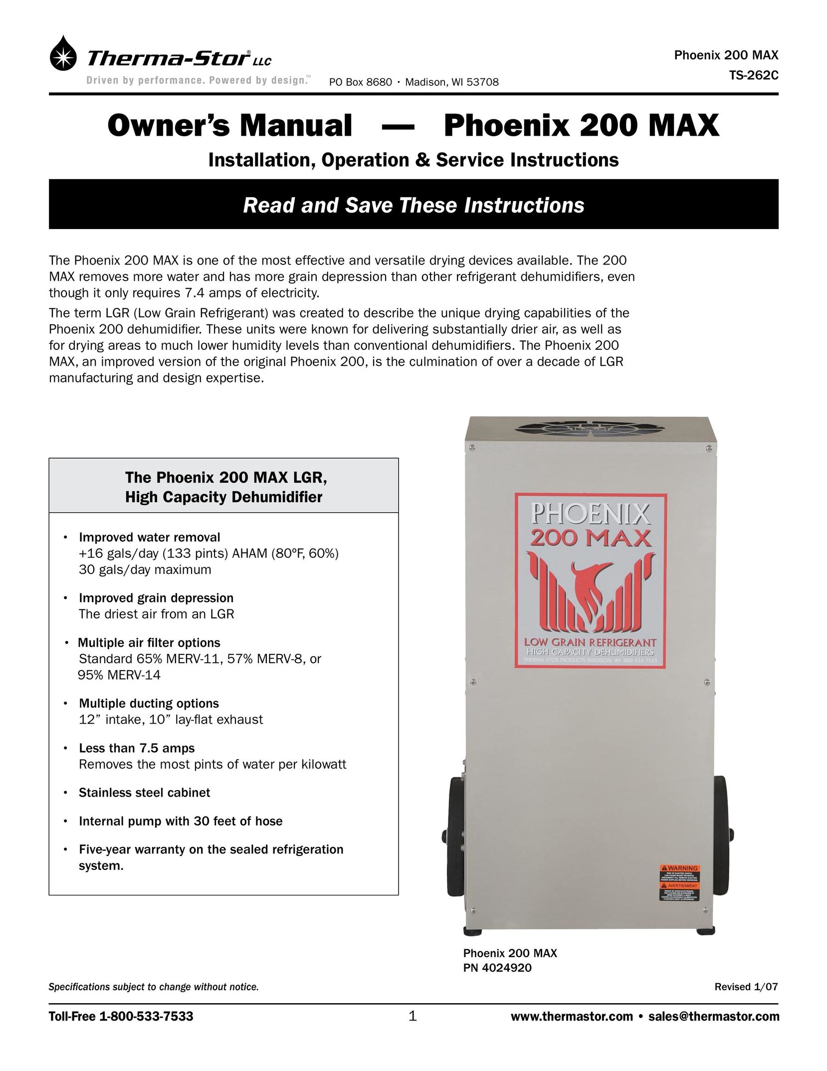 Therma-Stor Products Group 200 MAX Dehumidifier User Manual