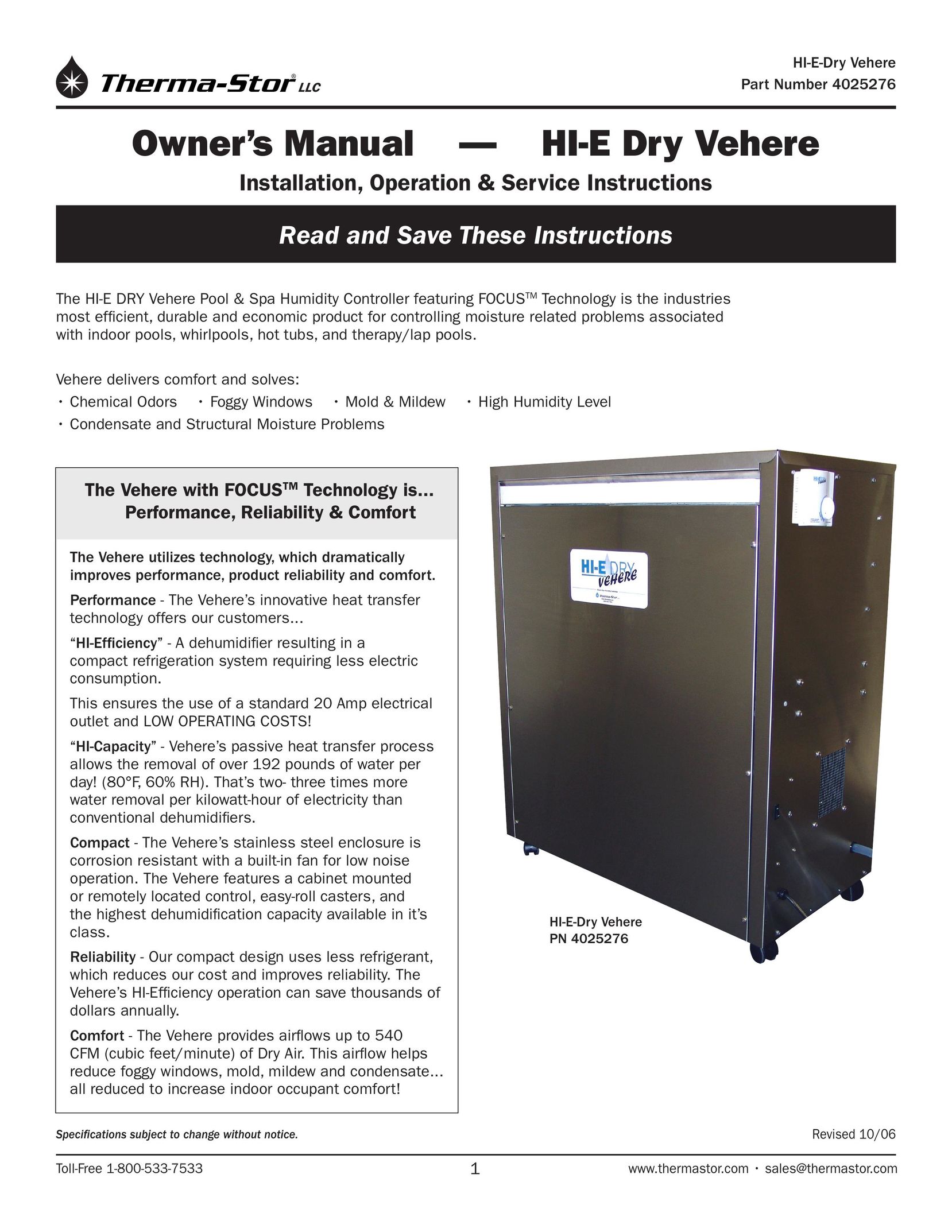 Therma-Stor Products Group HI-E Dry Vehere Dehumidifier User Manual