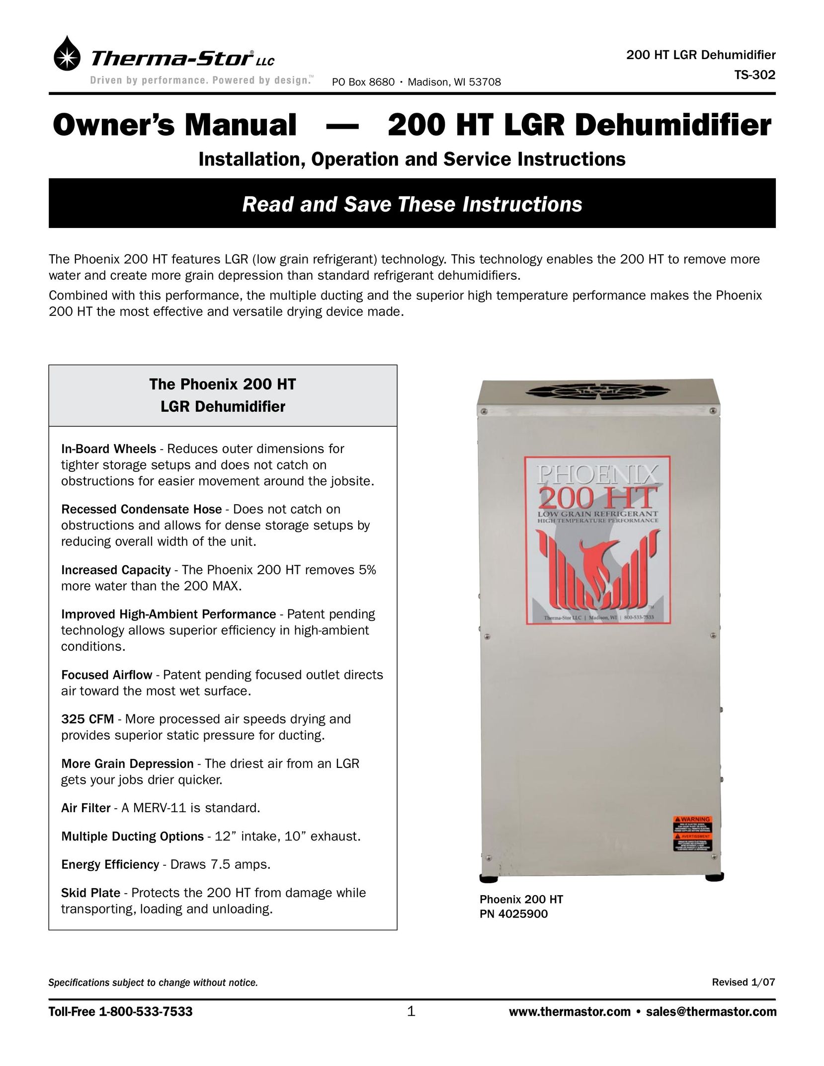 Therma-Stor Products Group Phoenix 200 HT Dehumidifier User Manual