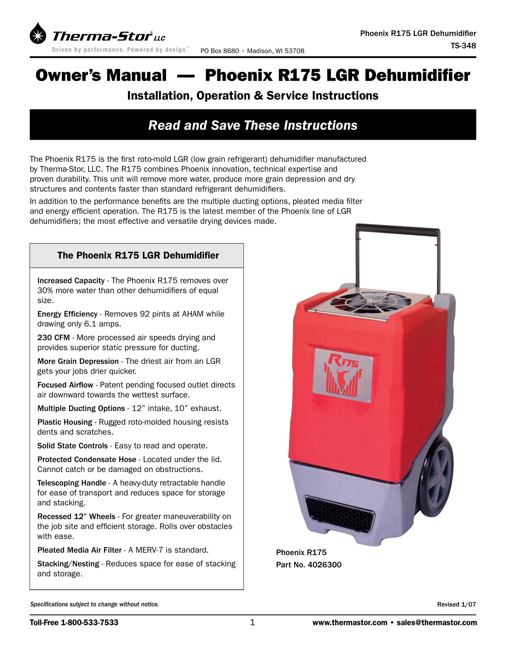 Therma-Stor Products Group R175 Dehumidifier User Manual