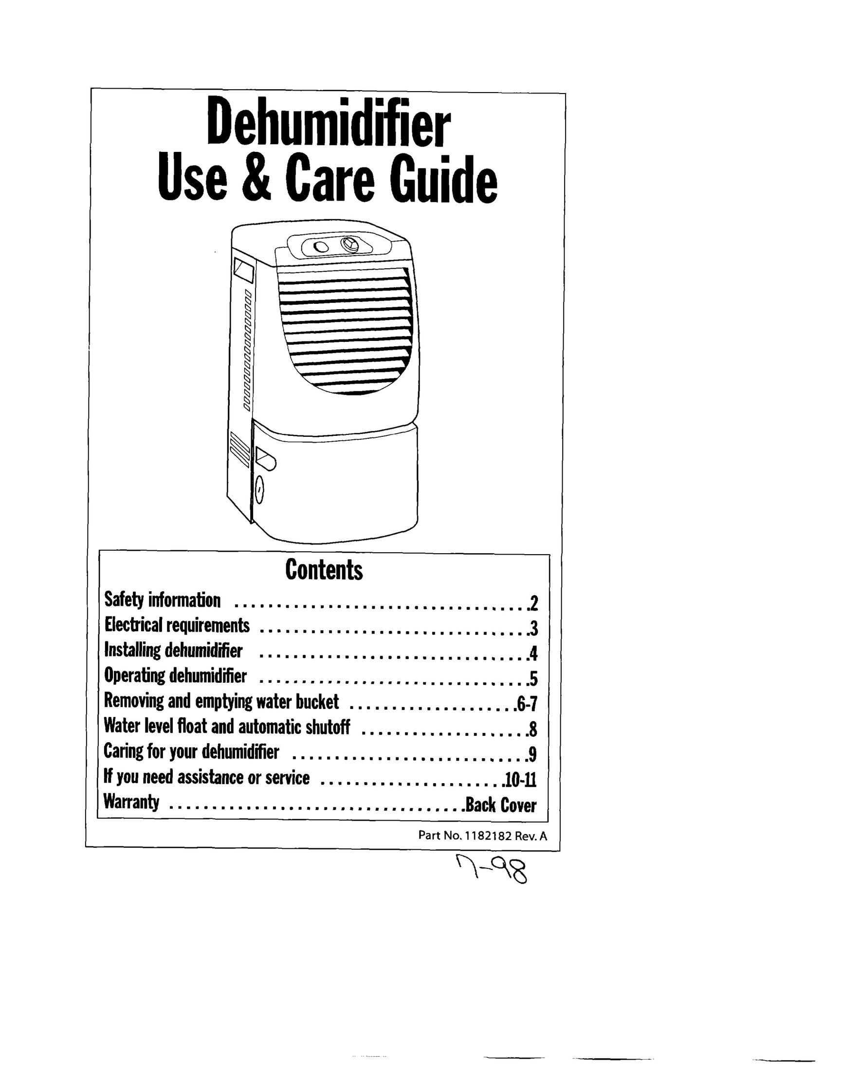Whirlpool 1182182 Dehumidifier User Manual