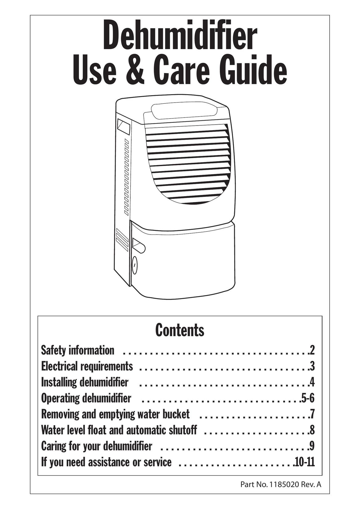 Whirlpool 1185020 Dehumidifier User Manual