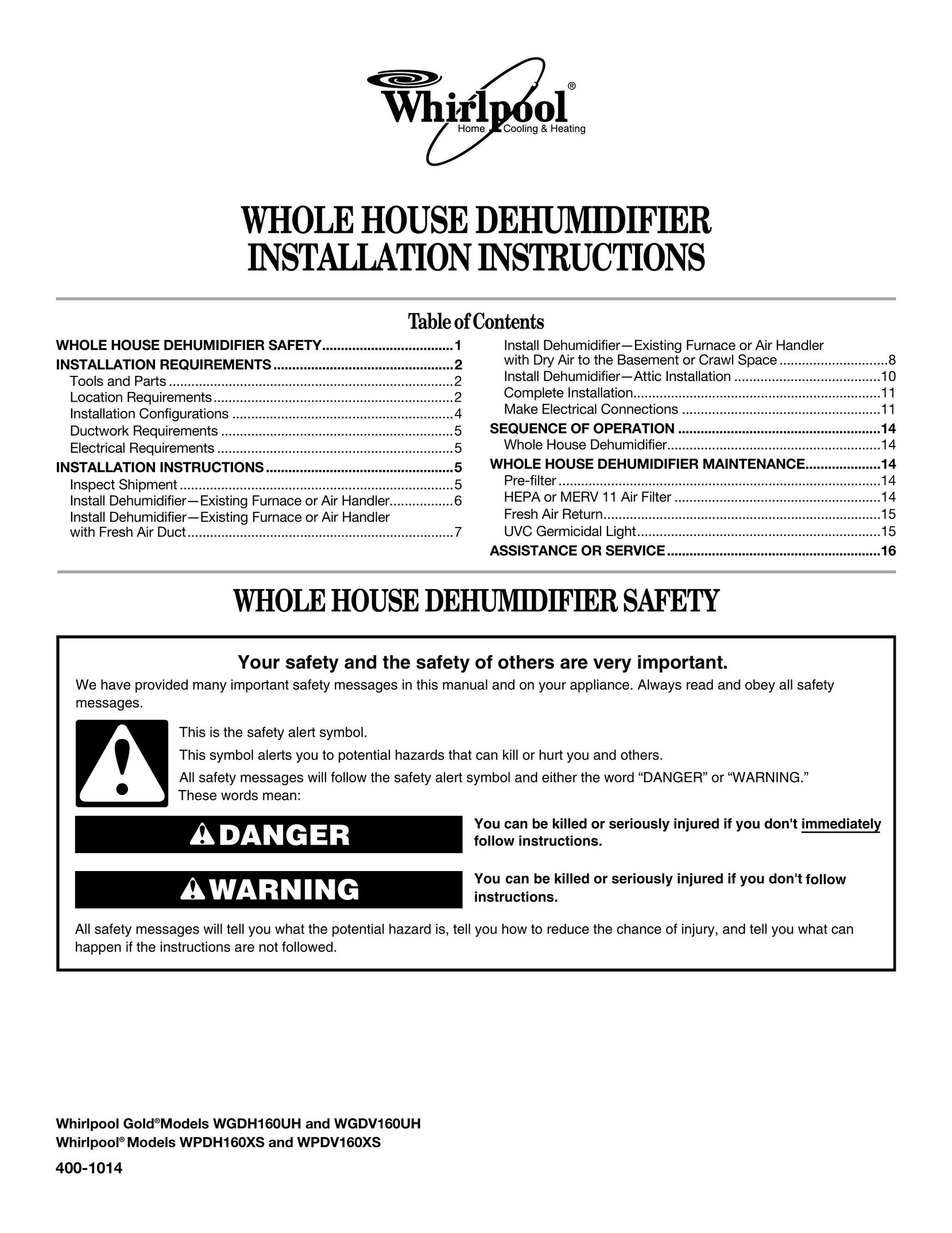 Whirlpool WPDH160XS Dehumidifier User Manual