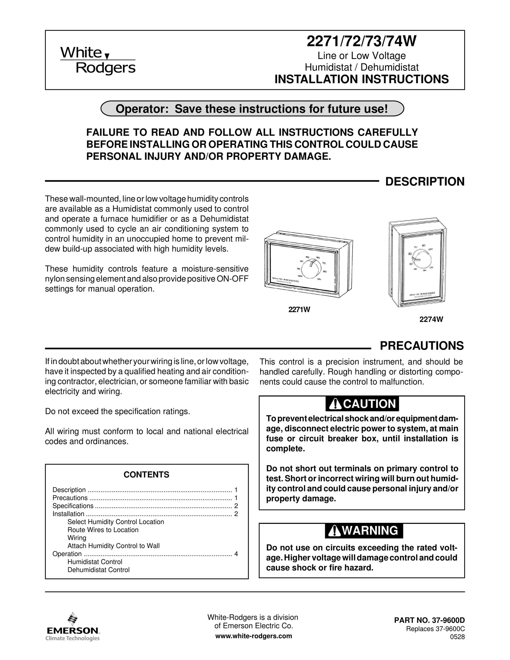 White Rodgers 2273W Dehumidifier User Manual