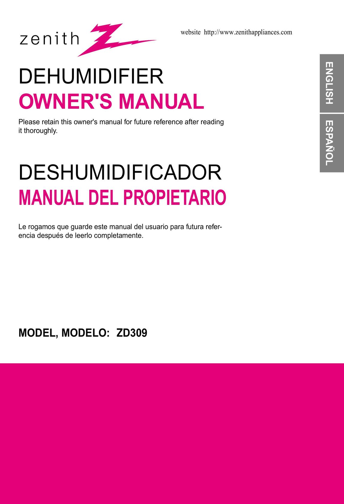 Zenith ZD309 Dehumidifier User Manual