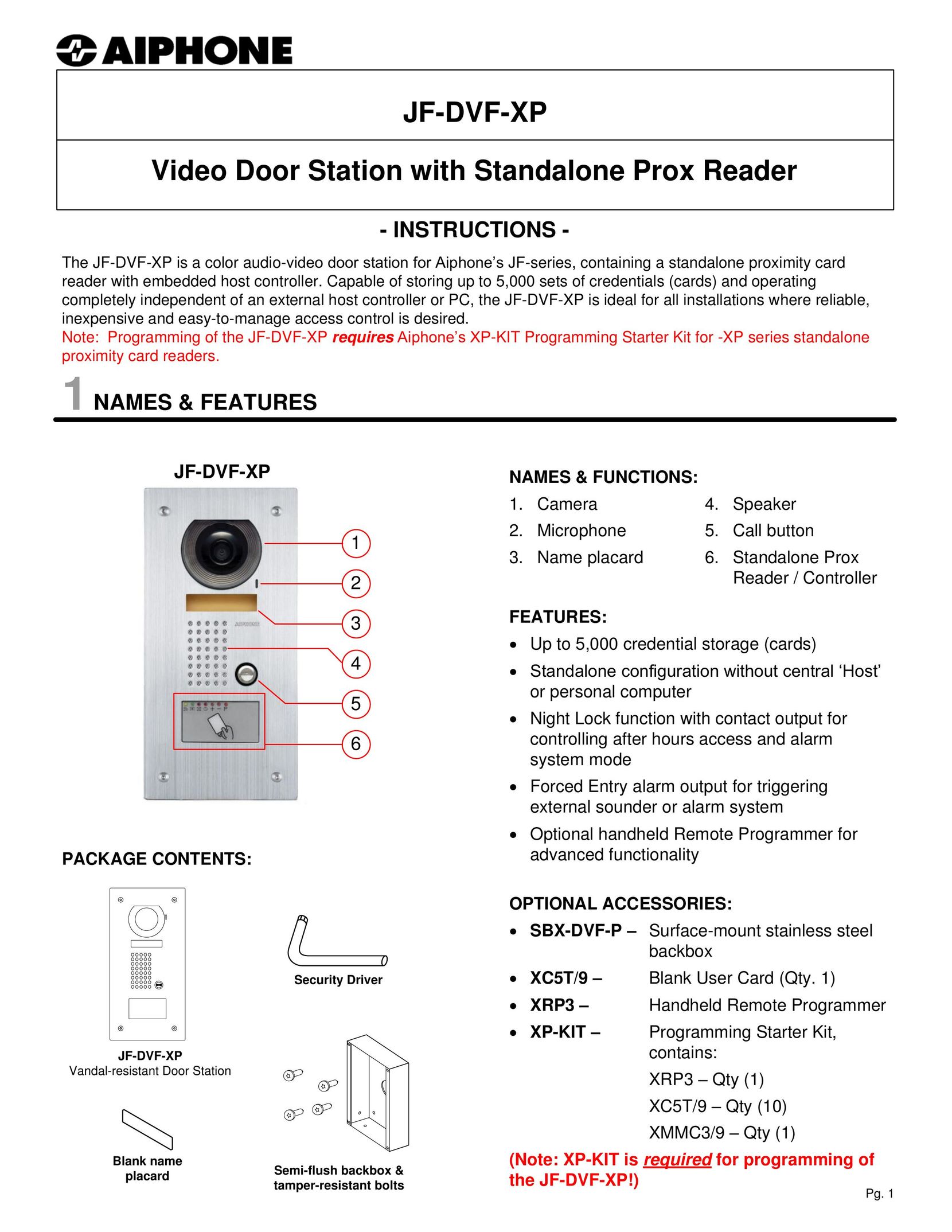 Aiphone JF-DVF-XP Door User Manual