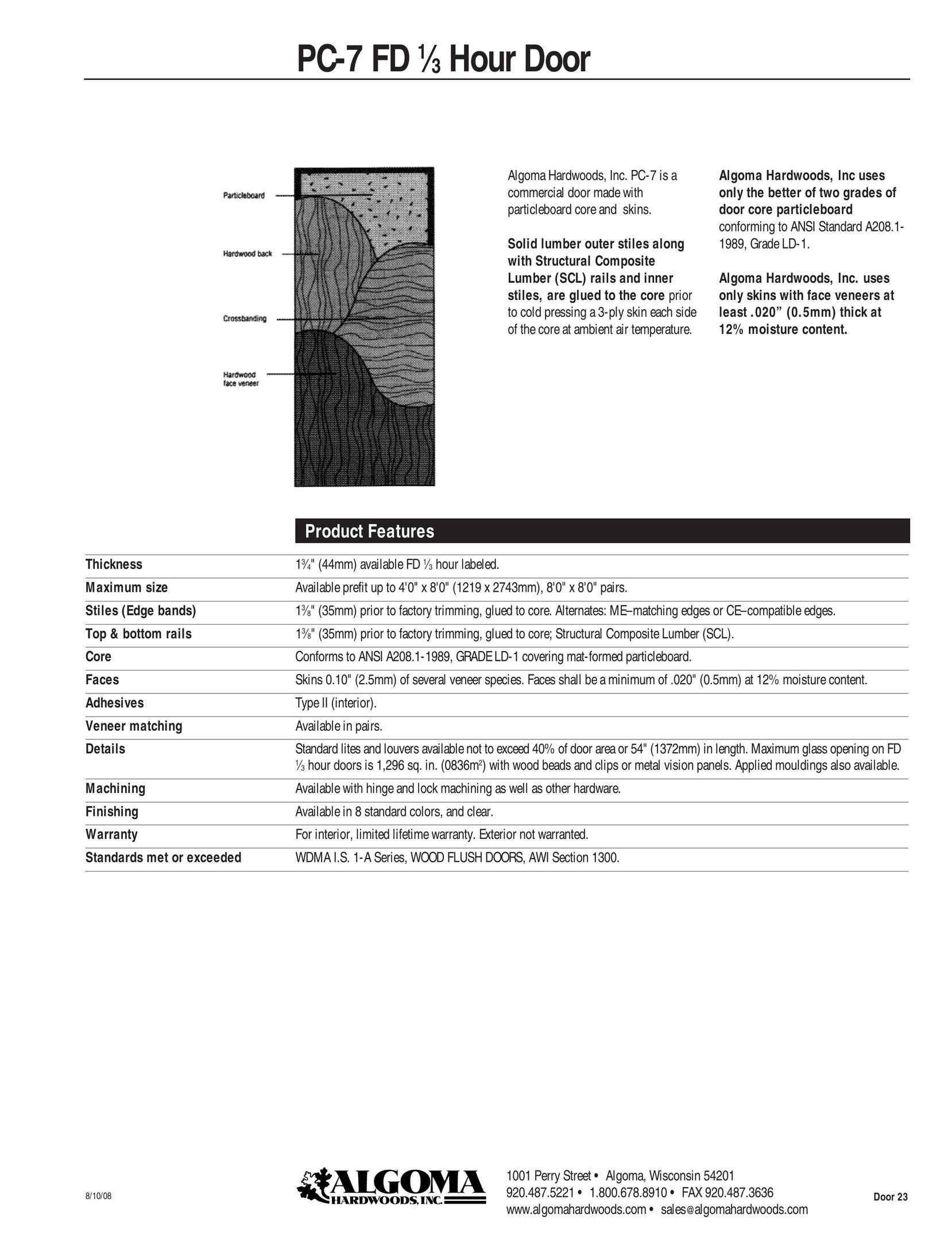 Algoma Hardwoods PC-7 FD Door User Manual