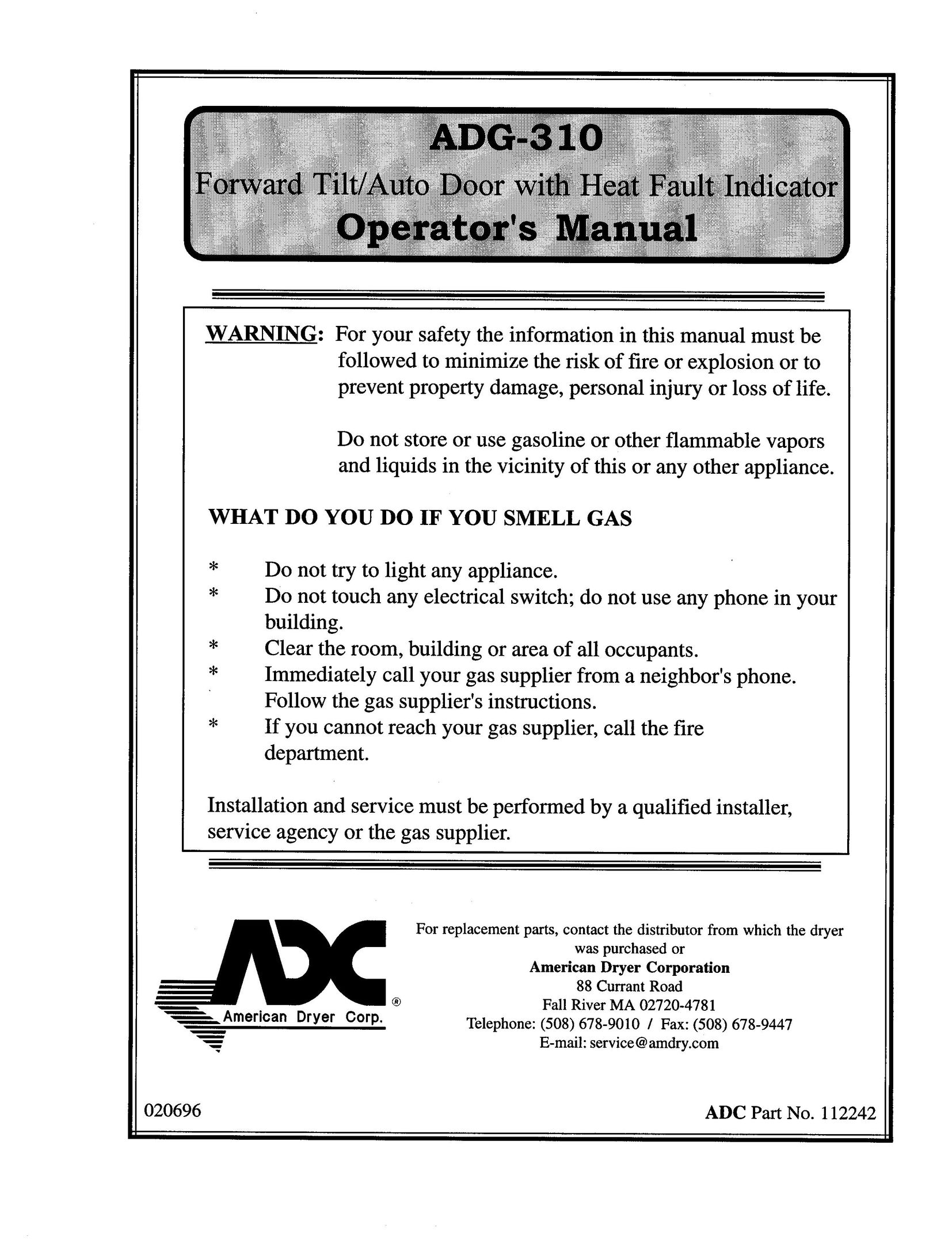 American Dryer Corp. ADG-310 Door User Manual