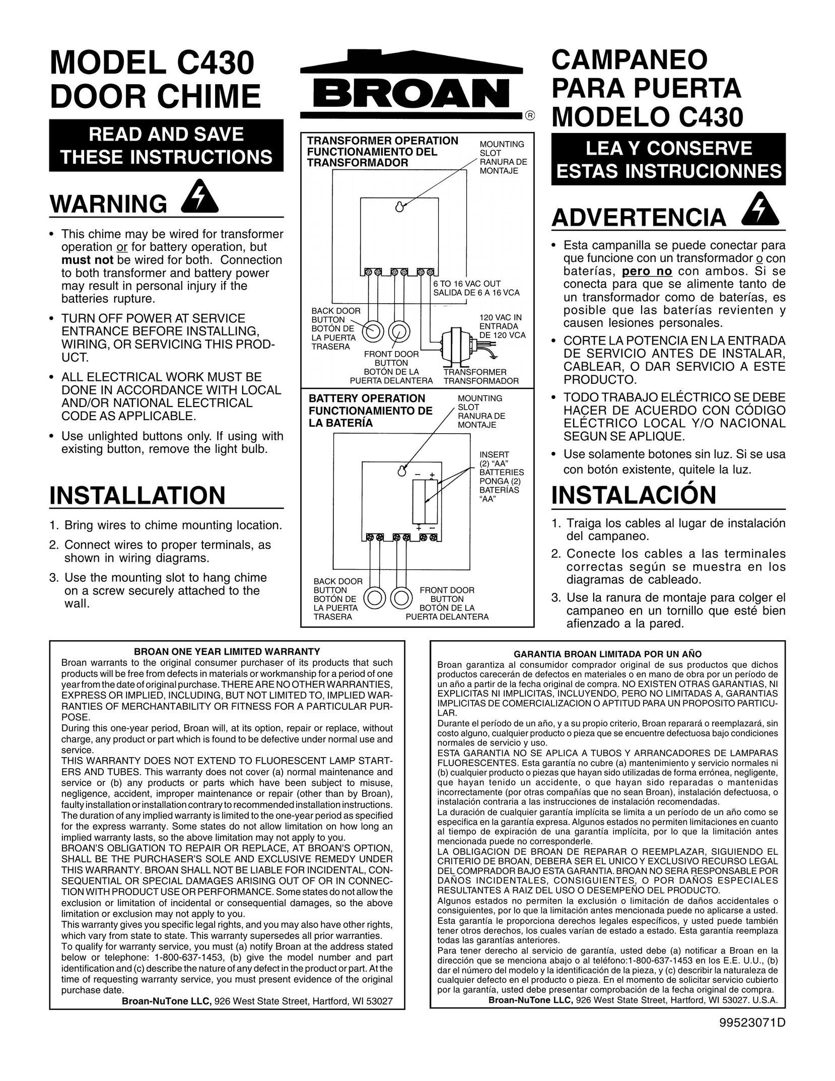 Broan C430 Door User Manual