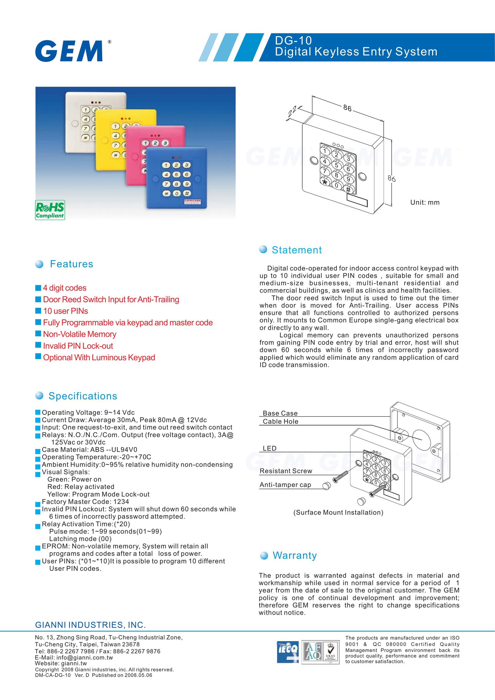 Gianni Industries DG-10 Door User Manual