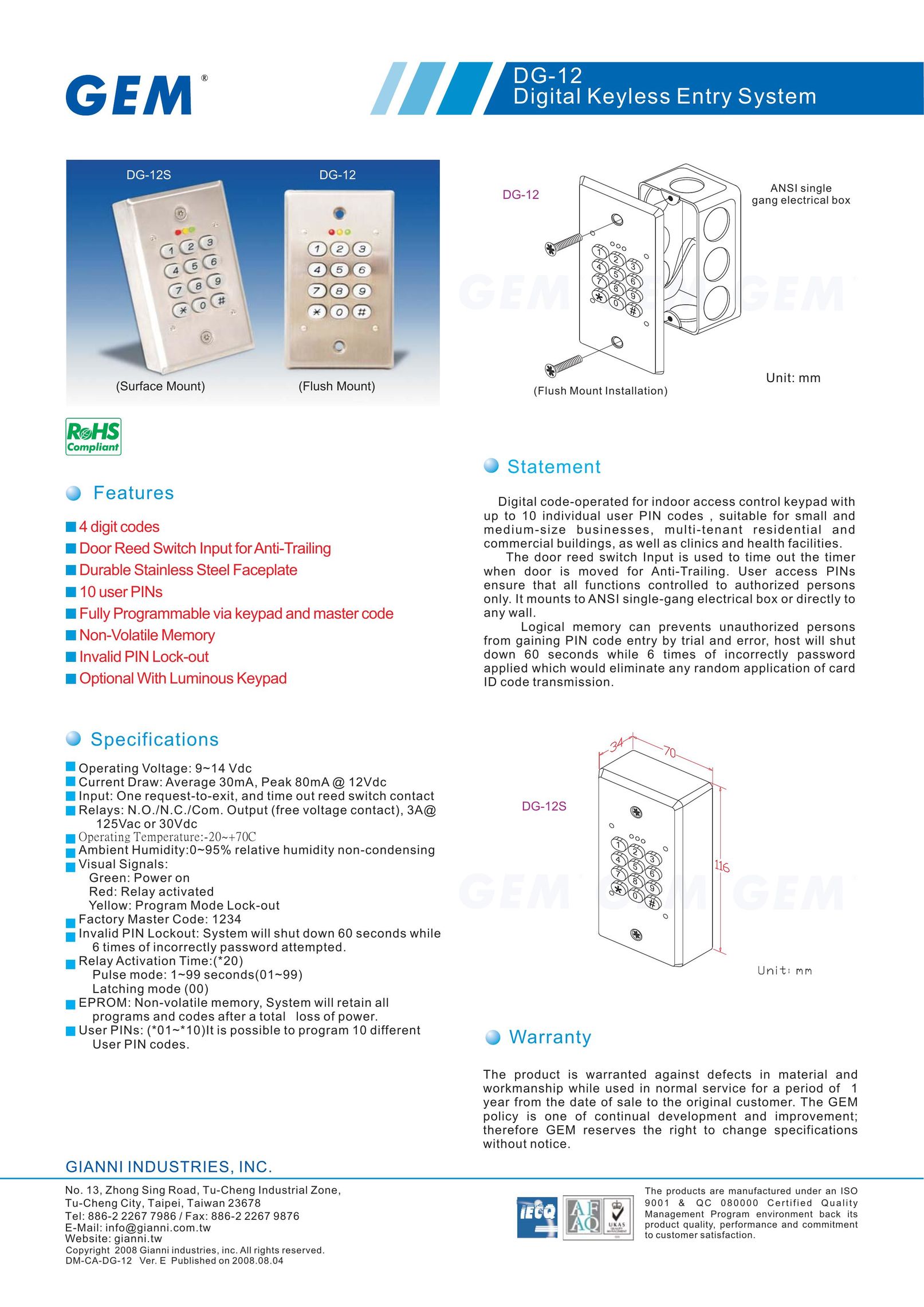 Gianni Industries DG-12 Door User Manual
