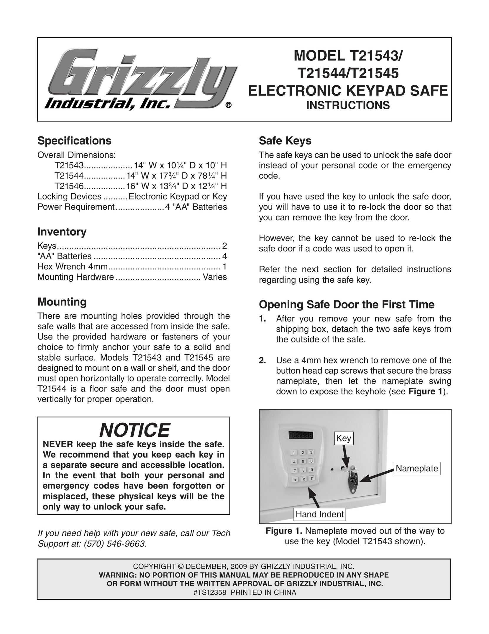 Grizzly T21543 Door User Manual