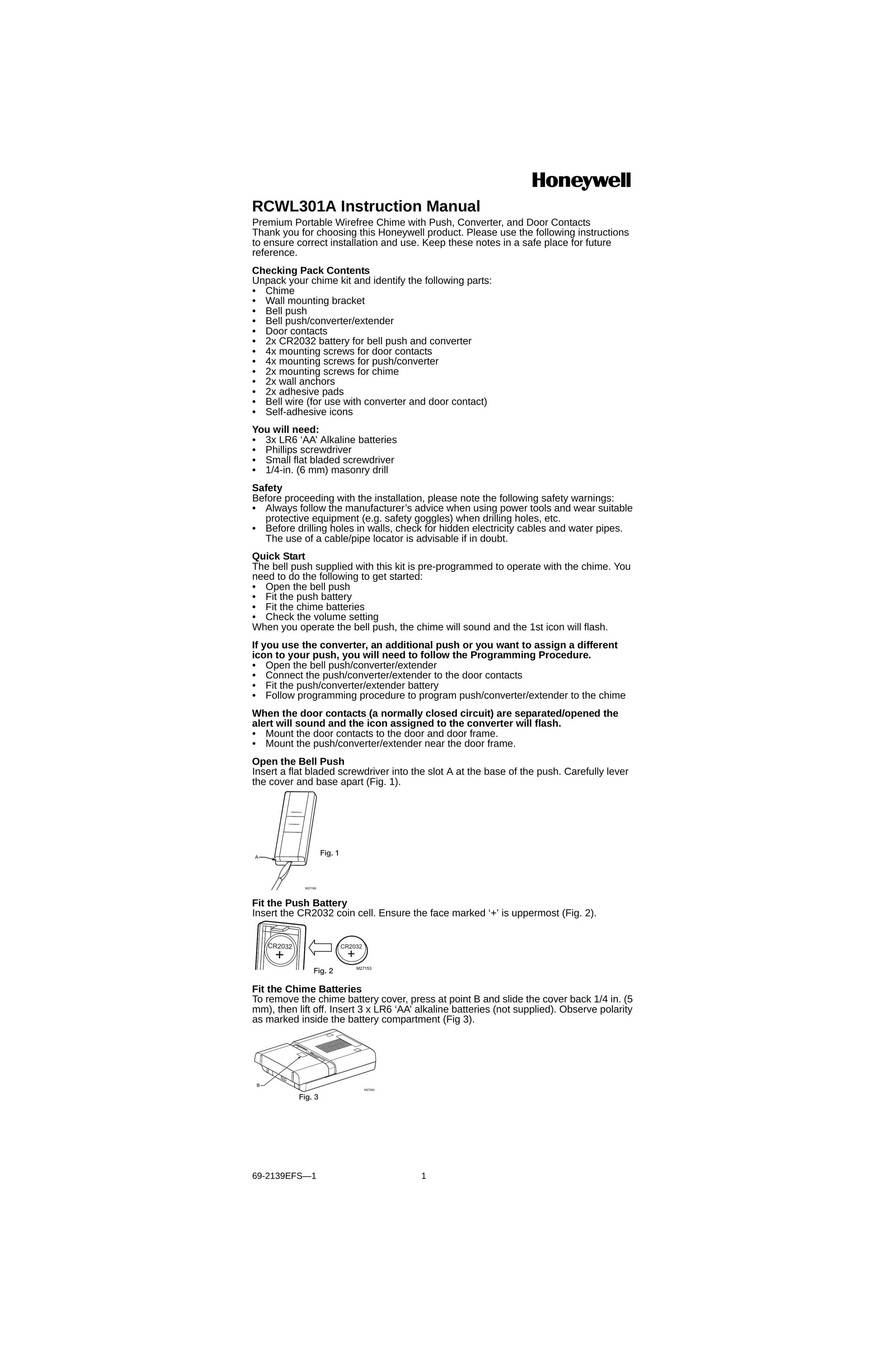 Honeywell RCWL301A Door User Manual