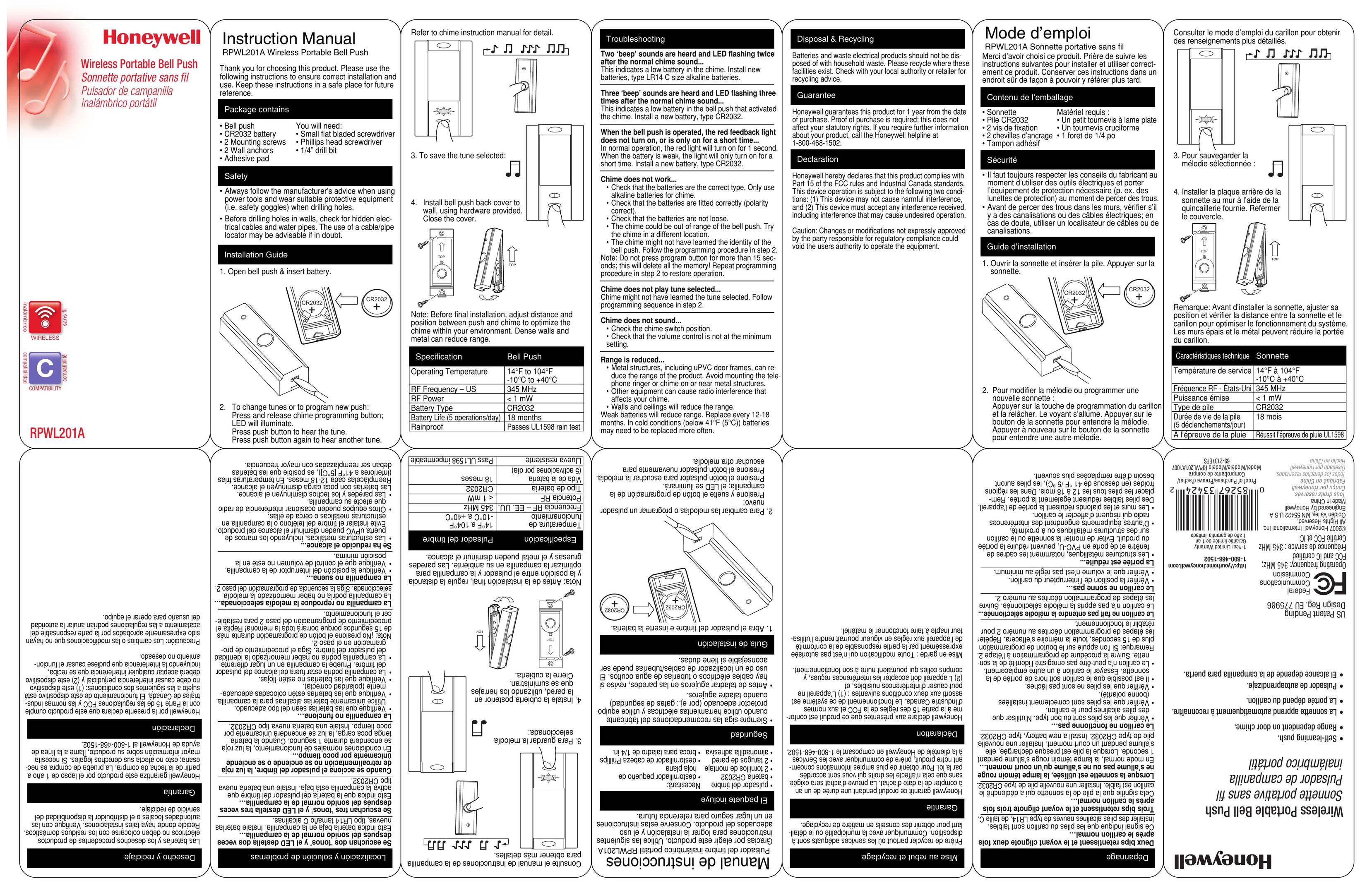 Honeywell RPWL201A Door User Manual