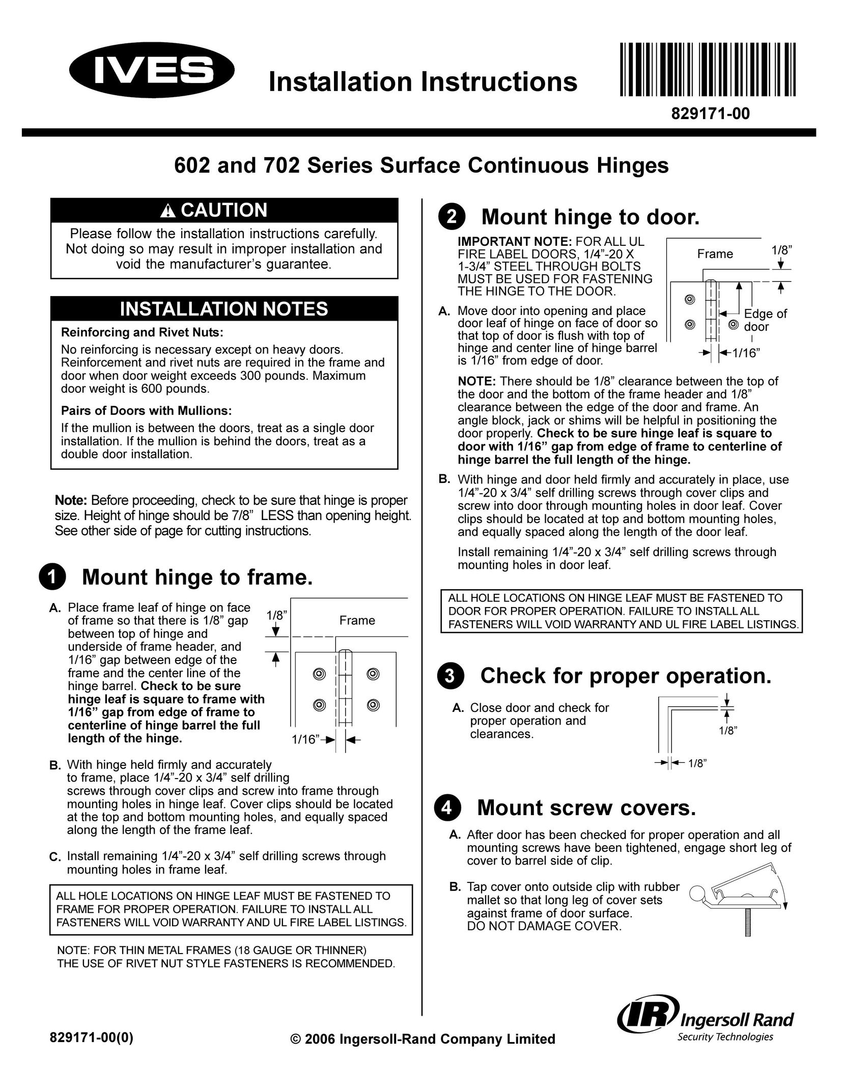 Ives 702 Series Door User Manual