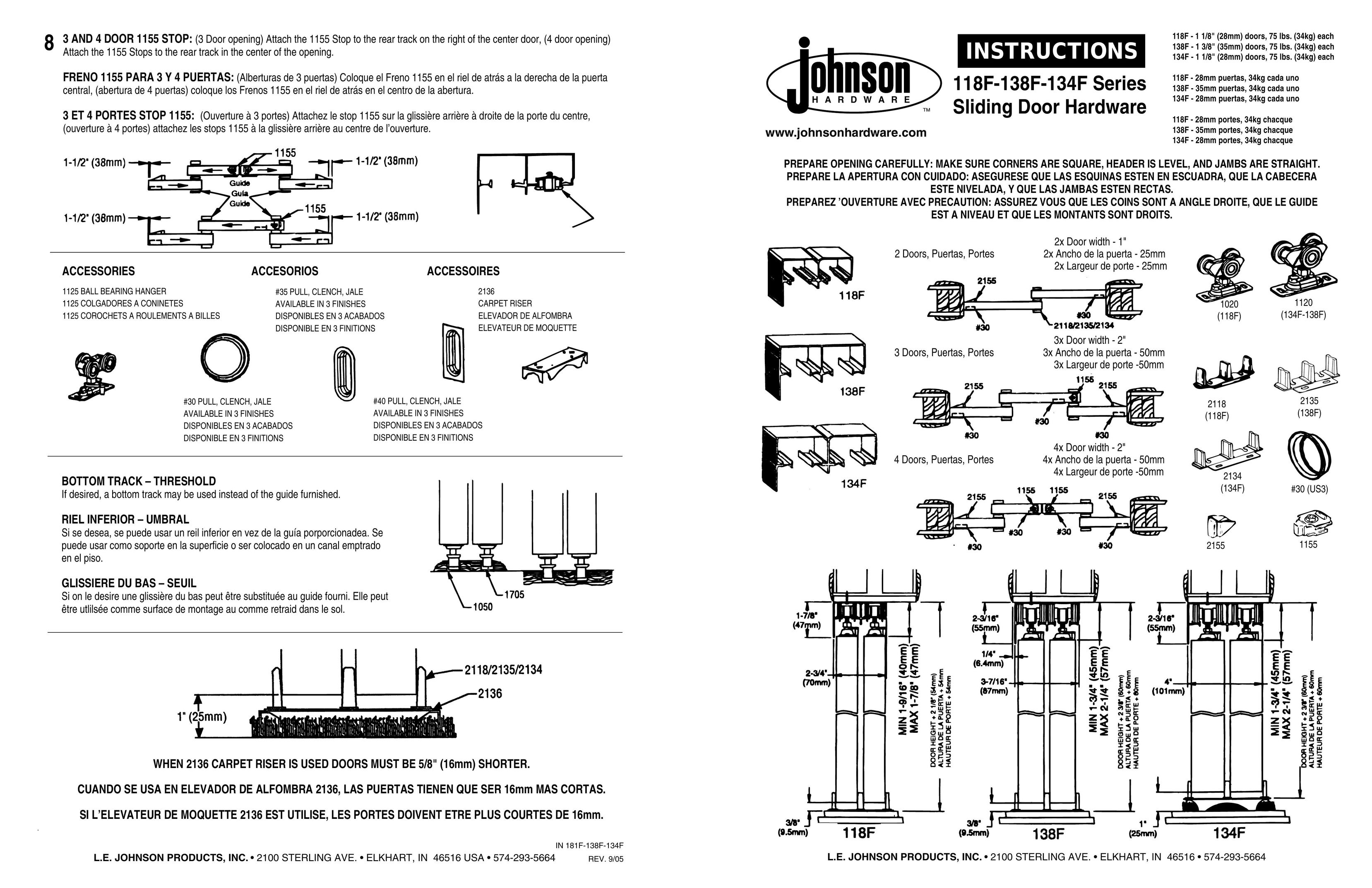Johnson Hardware 138F Series Door User Manual