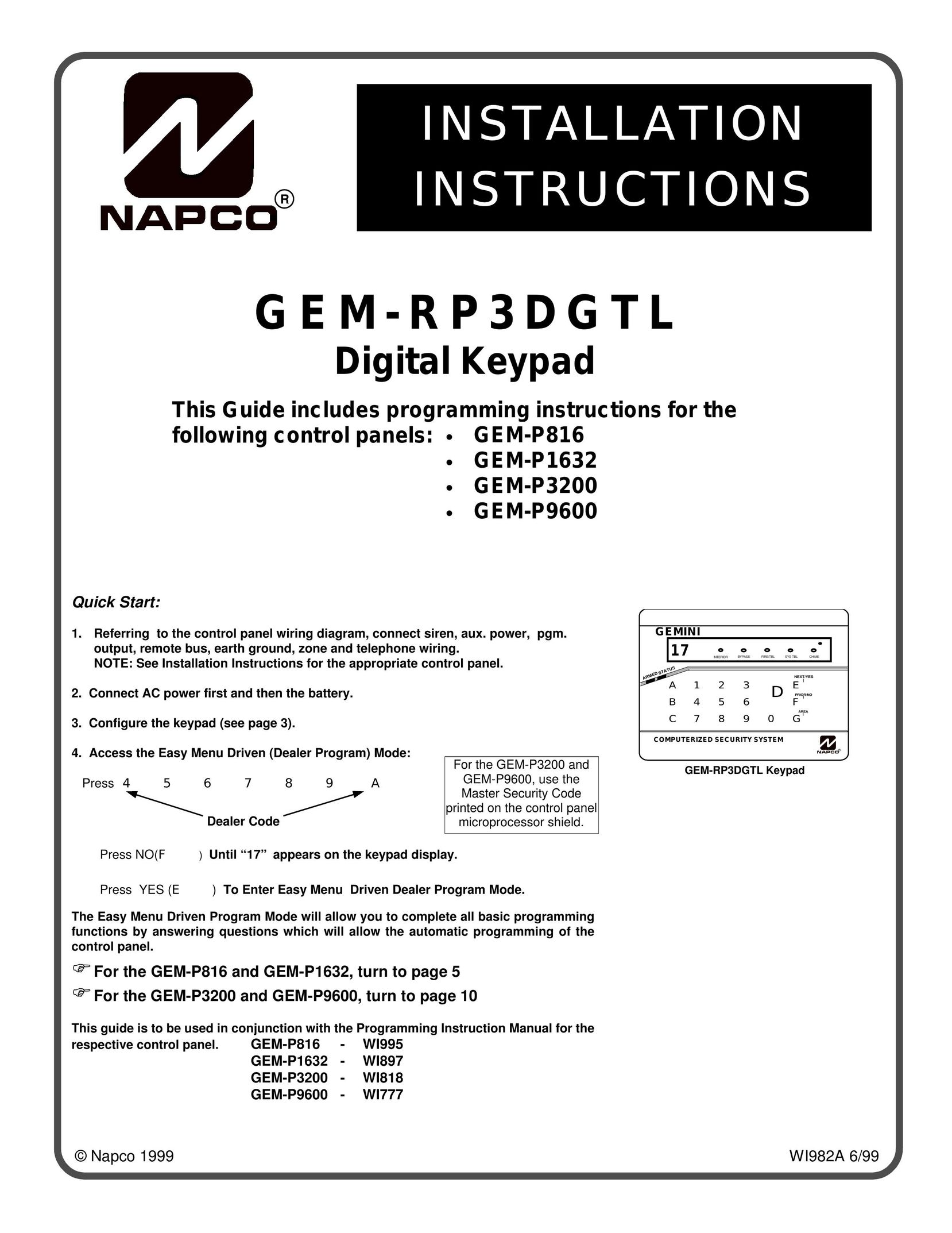 Napco Security Technologies GEM-RP3DGTL Door User Manual