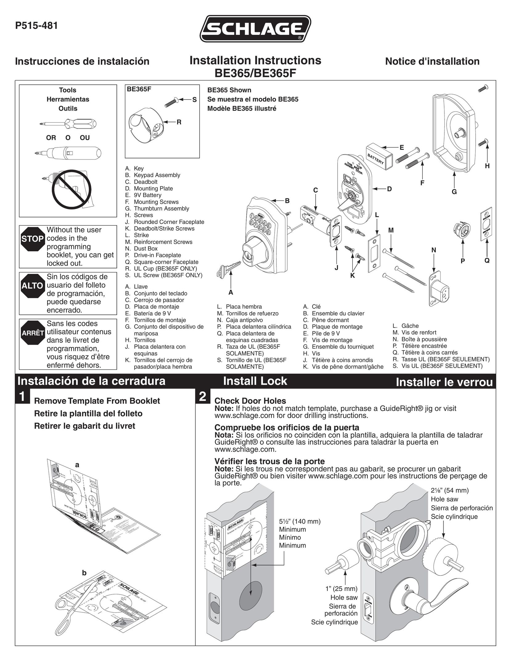 Schlage BE365F Door User Manual