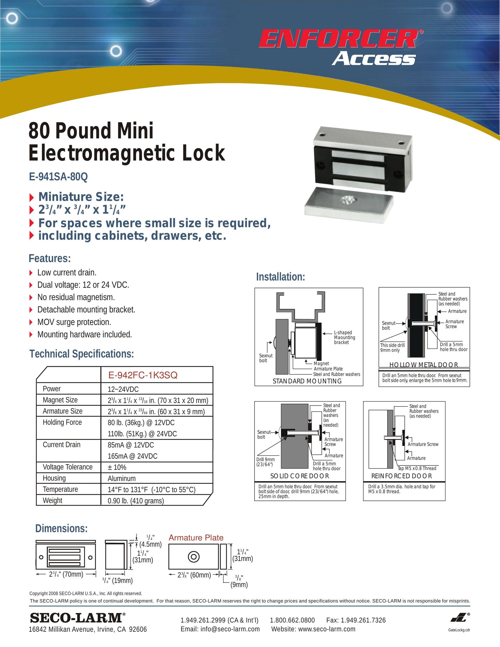 SECO-LARM USA E-942FC-1K3SQ Door User Manual