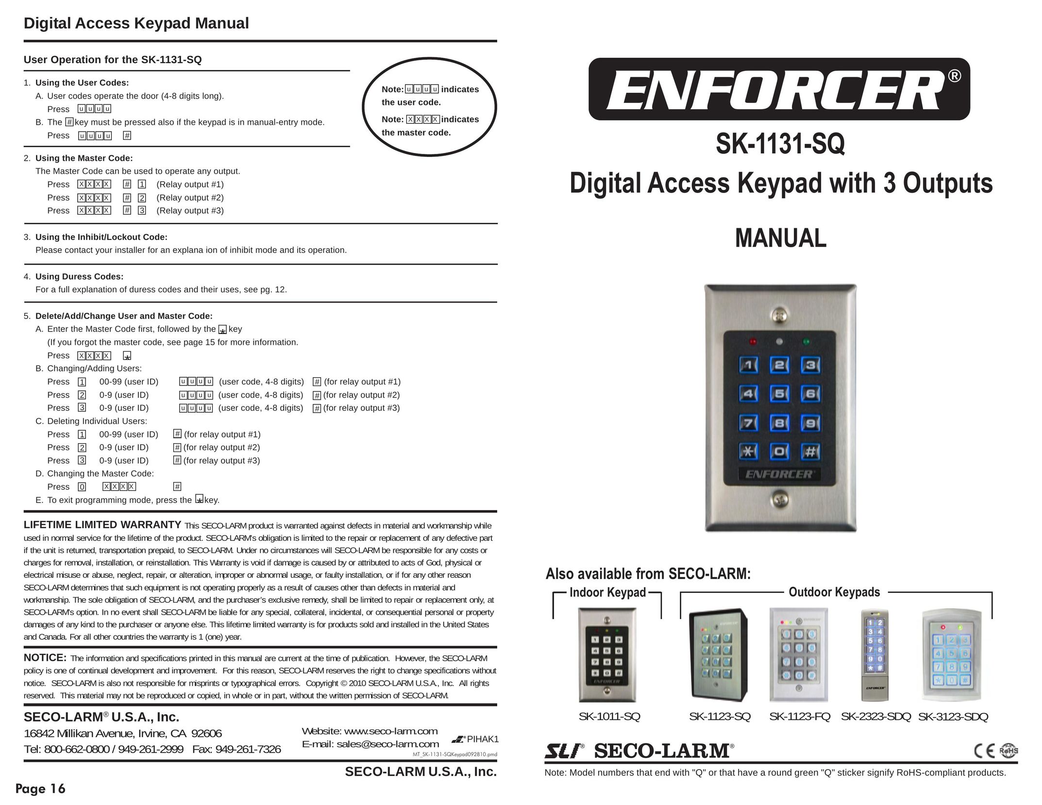 SECO-LARM USA SK-1131-SQ Door User Manual