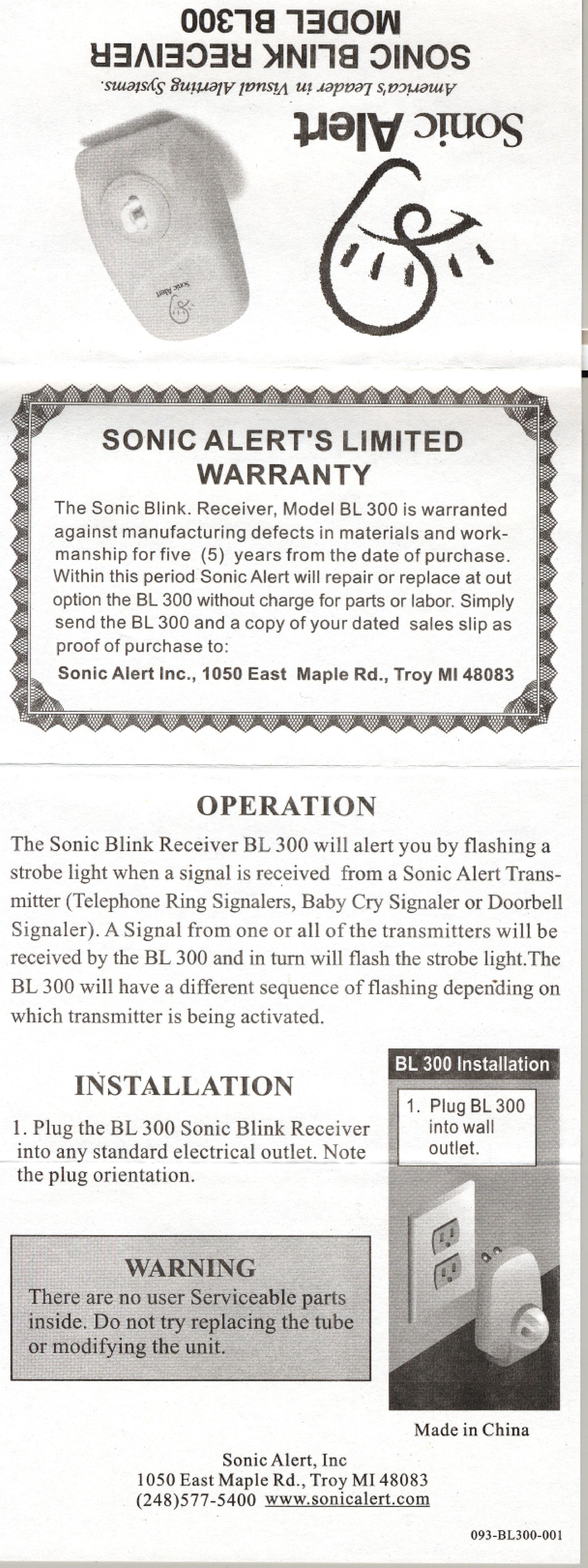 Sonic Alert BL300 Door User Manual
