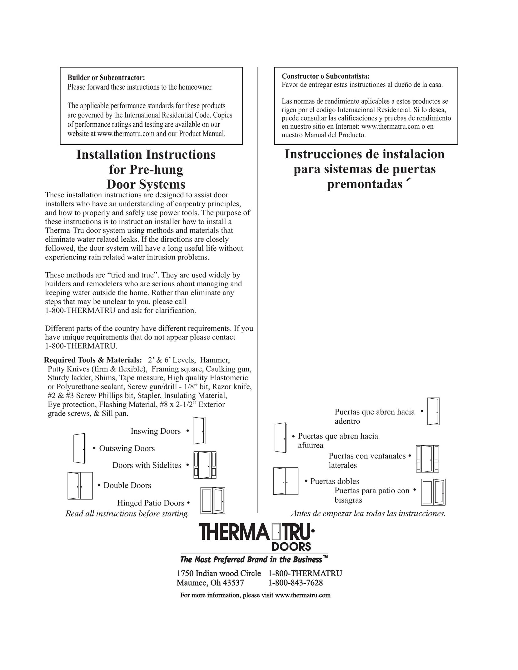 Therma-Tru Pre-hung Door Systems Door User Manual
