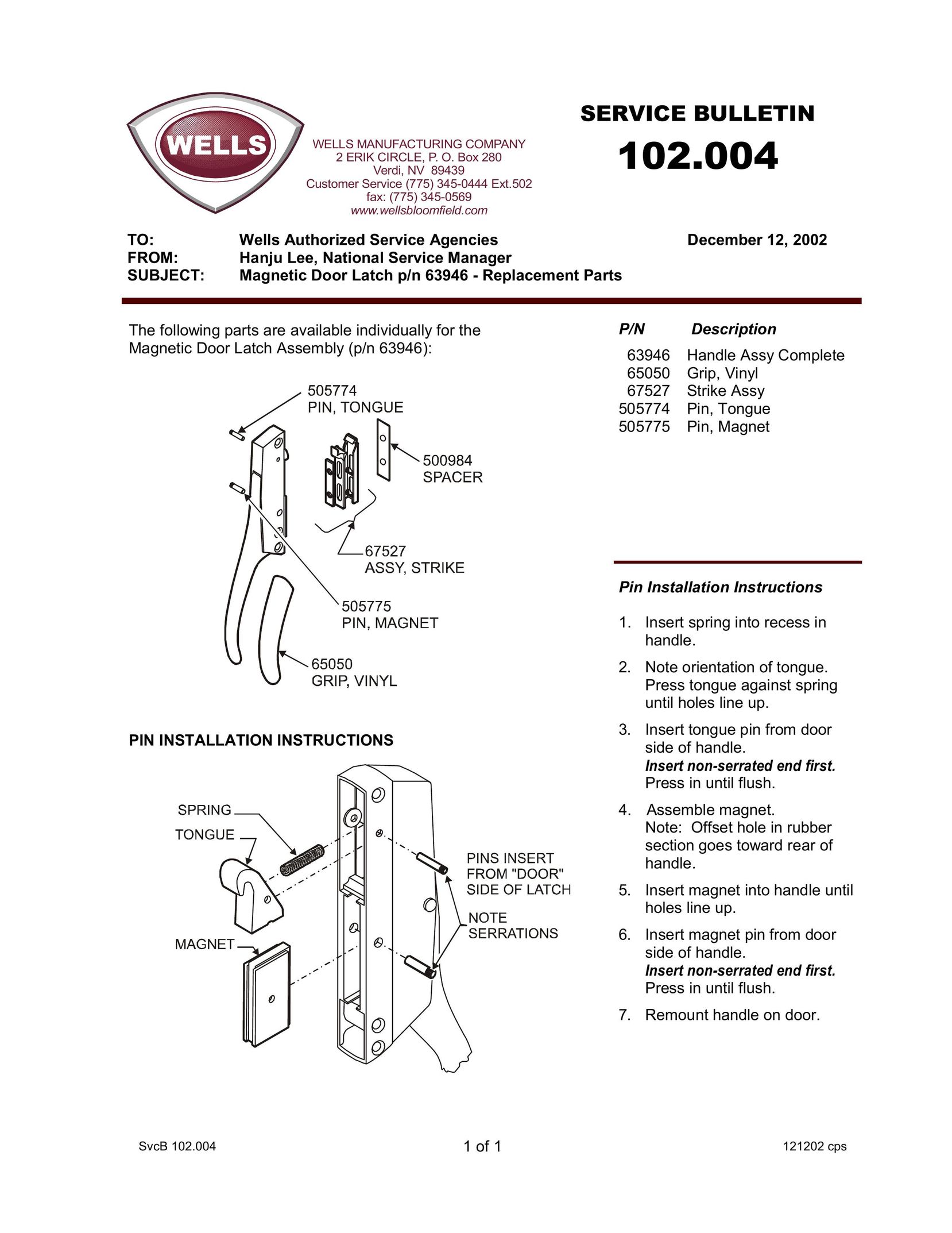 Wells Magnetic Door Latch Door User Manual