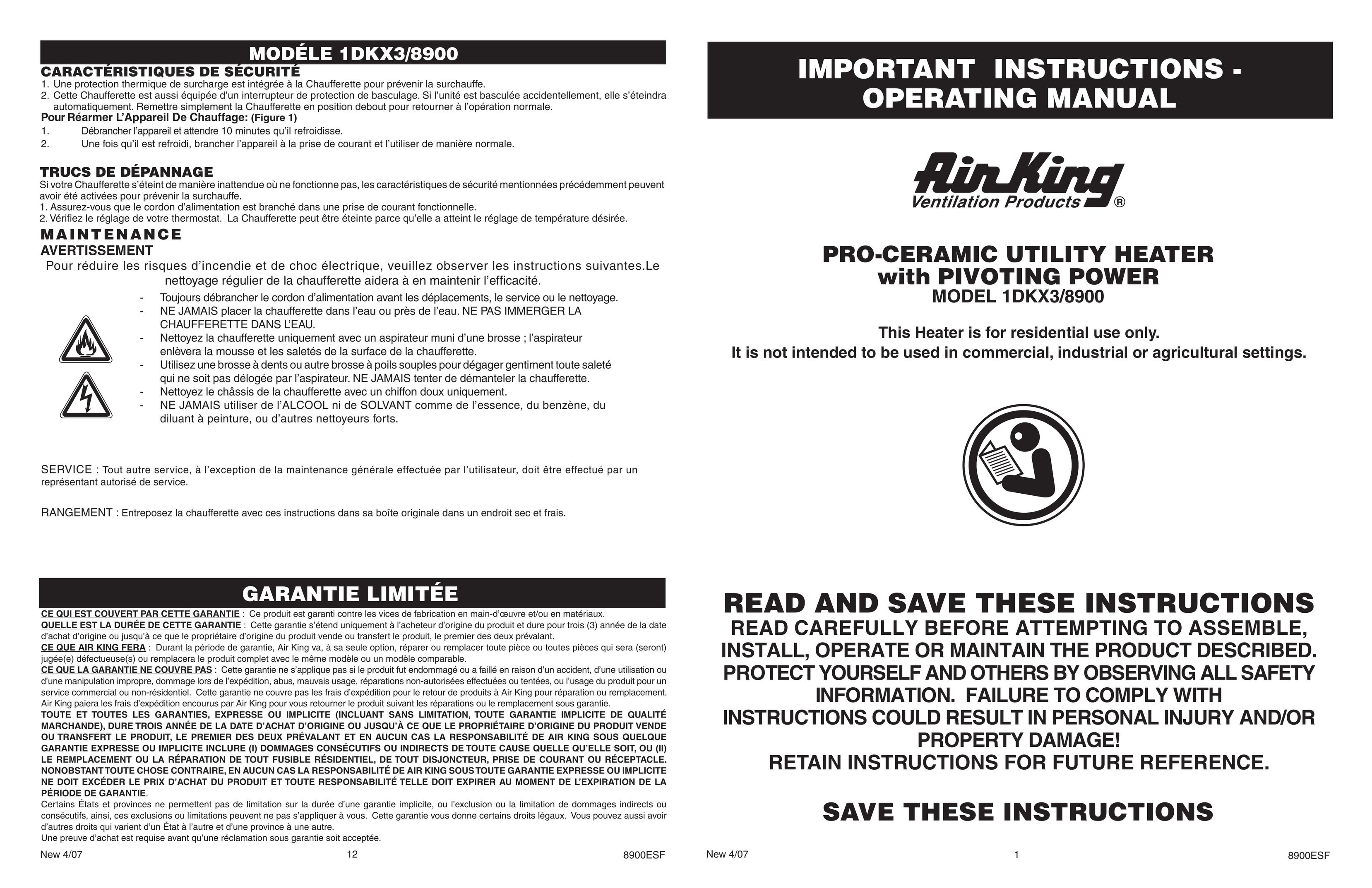 Air King 1DKX3/8900 Electric Heater User Manual