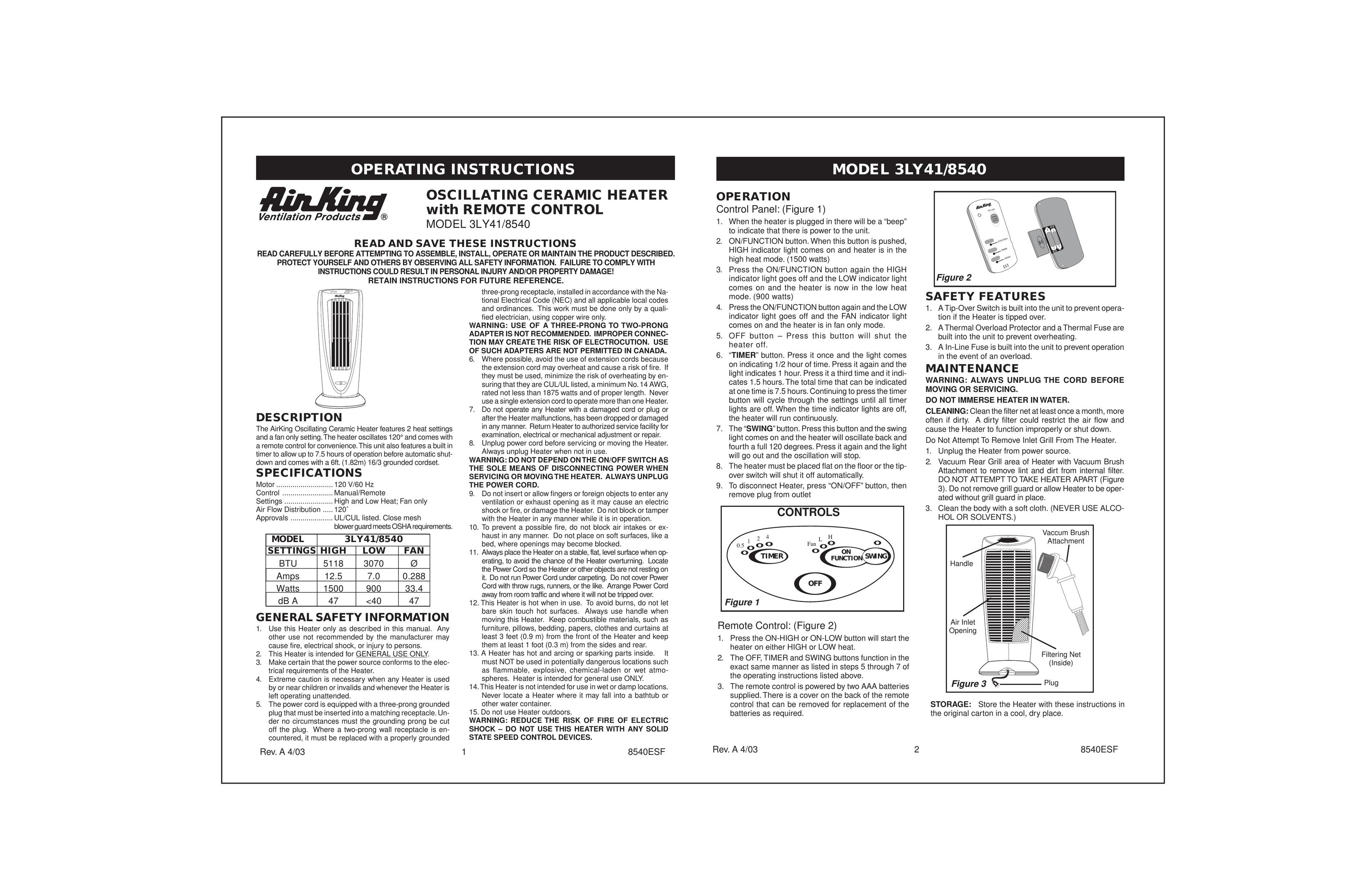 Air King 3LY41/8540 Electric Heater User Manual