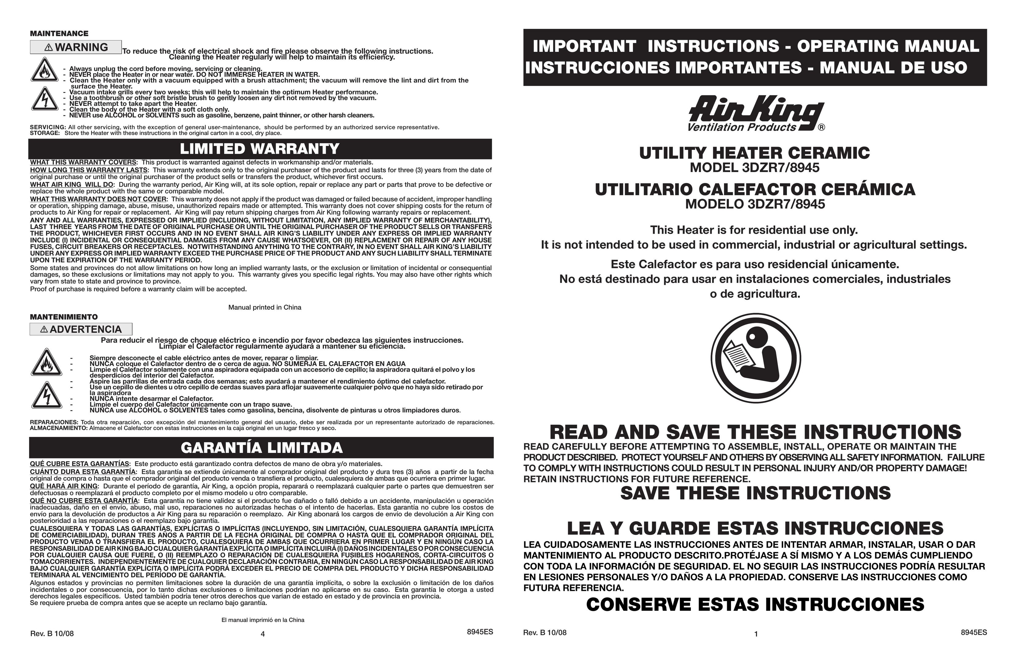 Air King 8945 Electric Heater User Manual