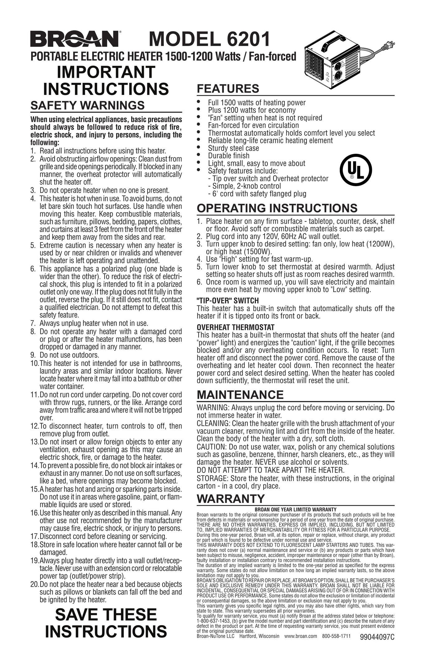 Broan 6201 Electric Heater User Manual