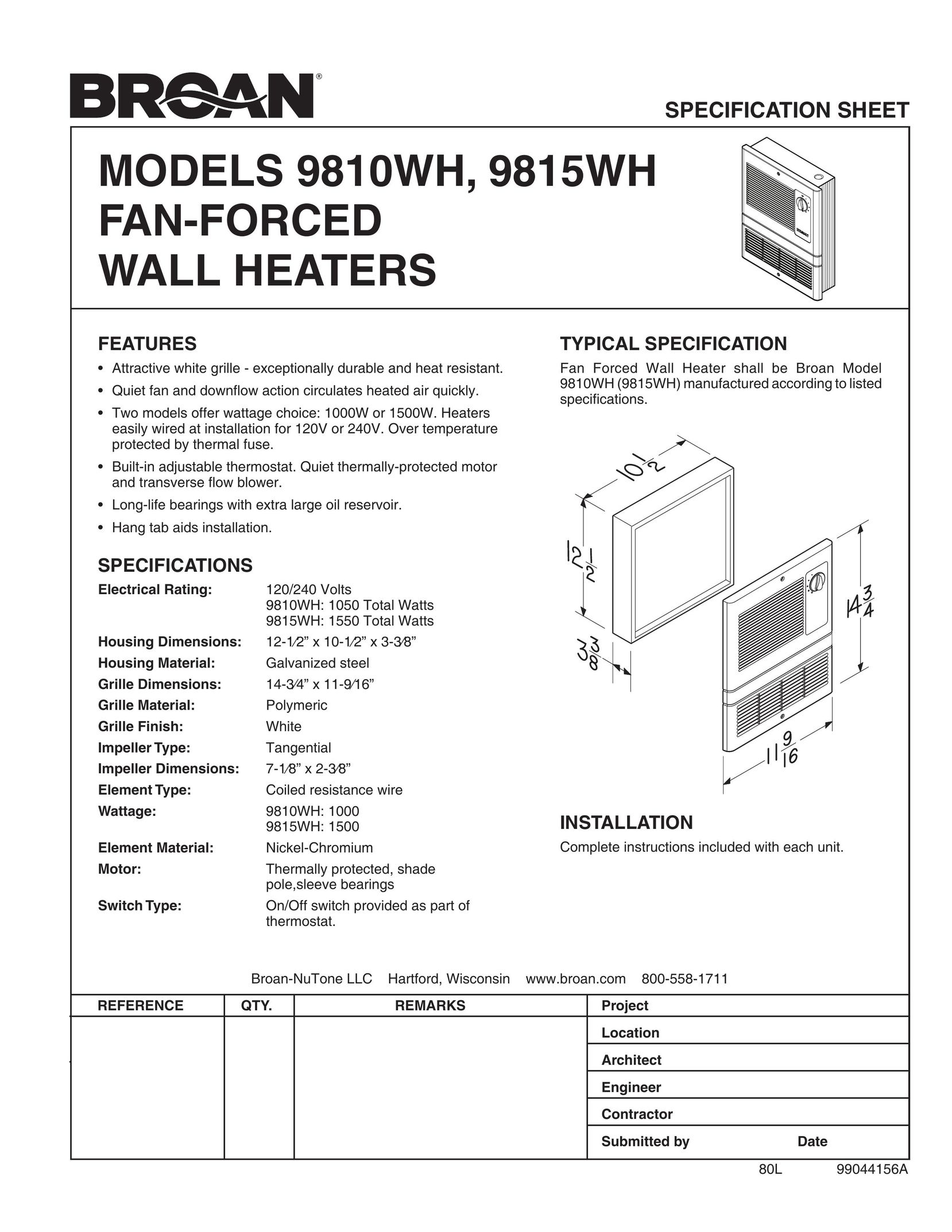 Broan MODELS9810WH Electric Heater User Manual