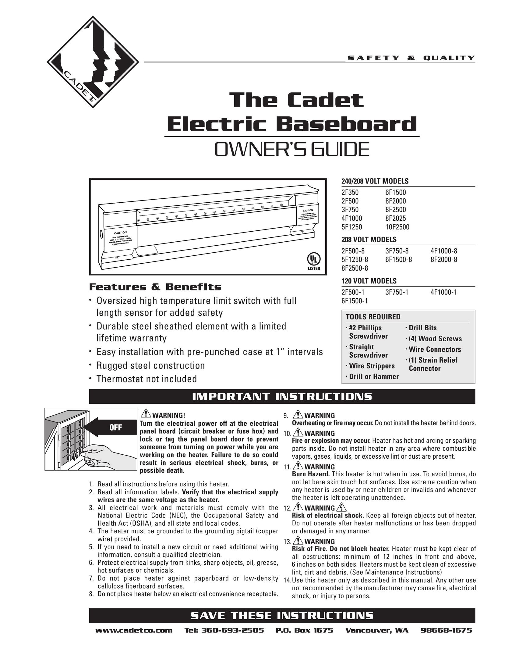 Cadet 10F2500 Electric Heater User Manual