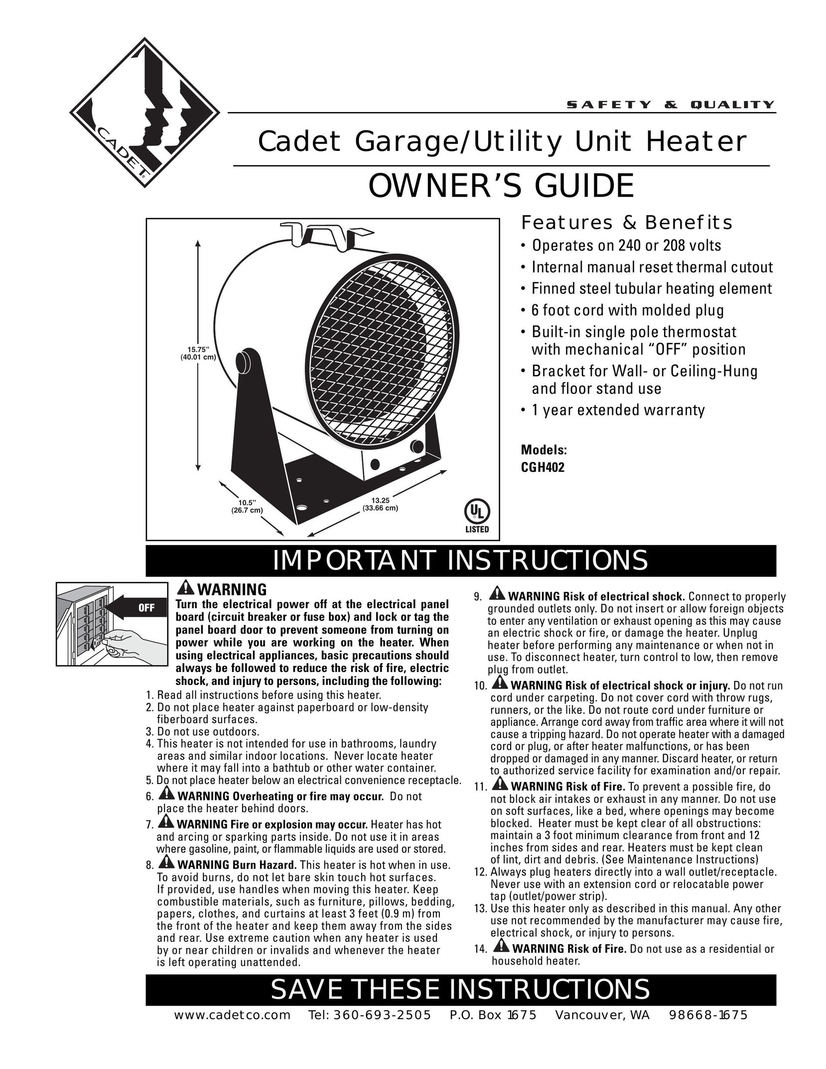 Cadet CGH402 Electric Heater User Manual