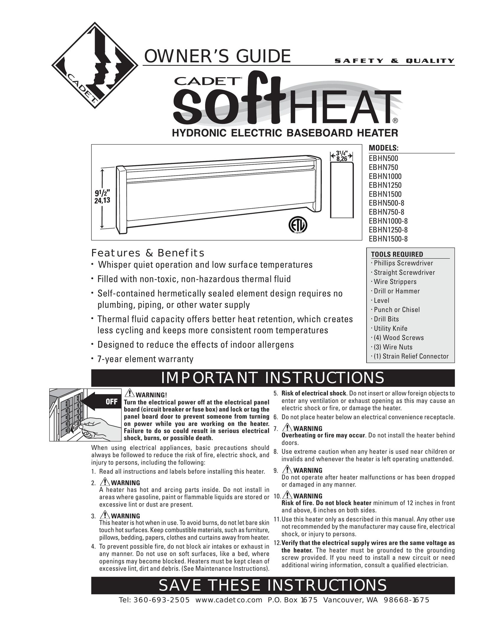Cadet EBHN1000 Electric Heater User Manual